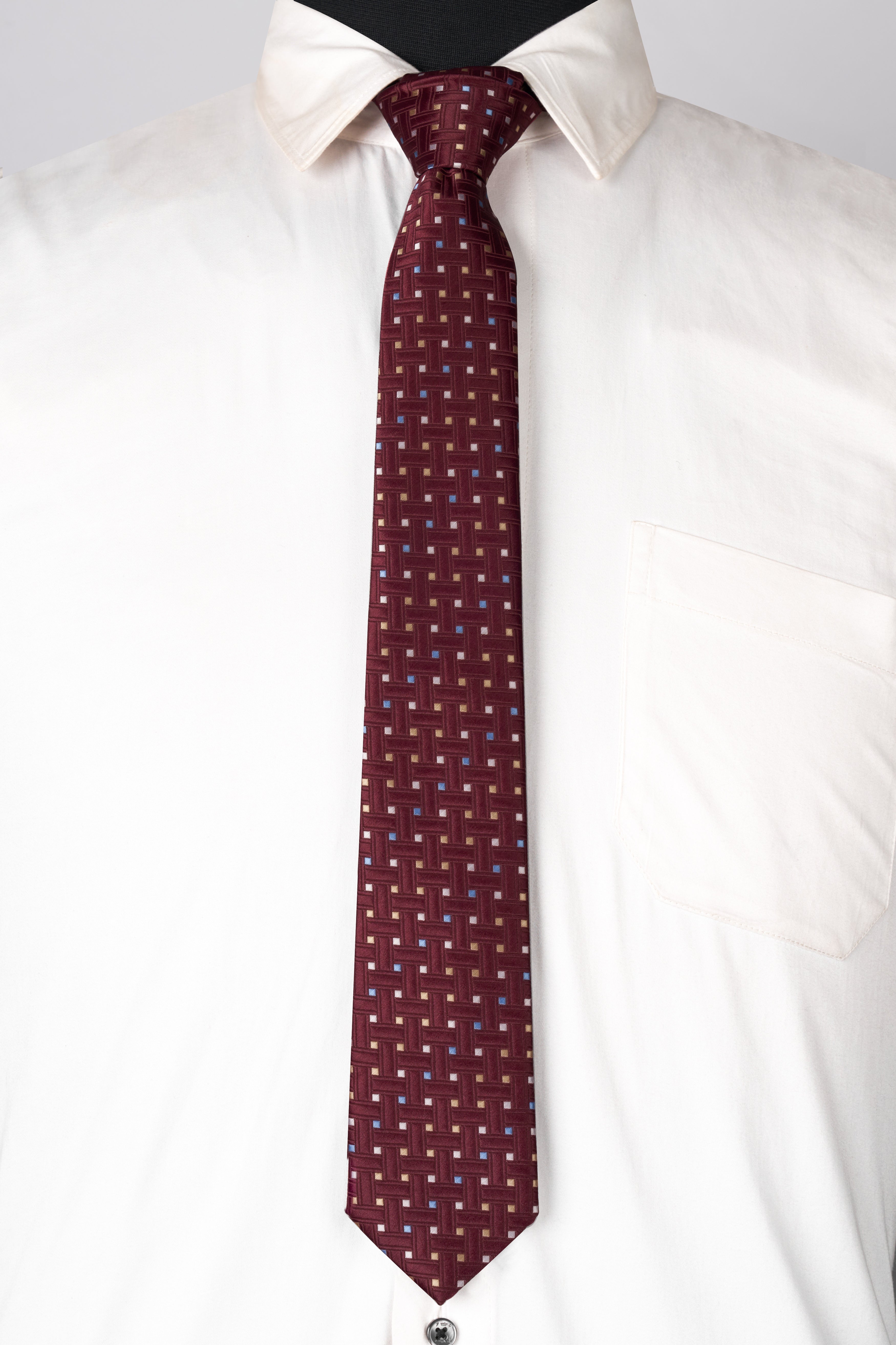 Wine with Iceberg Sky Blue and Albescent Beige Geometric Textured Jacquard Tie with Pocket Square  TP053