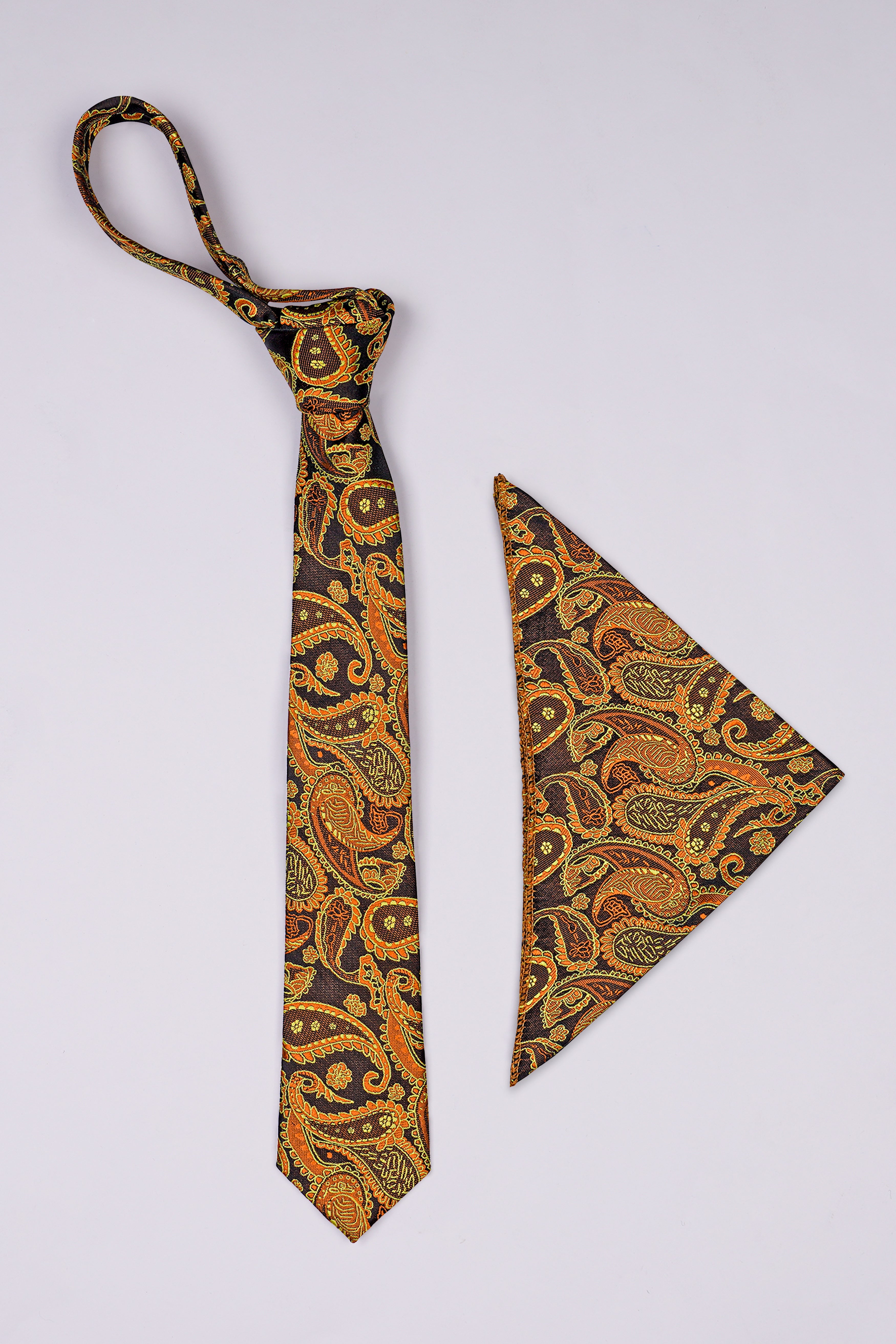 Cadmium Orange with Cafe Noir Brown Paisley Jacquard Tie with Pocket Square  TP054