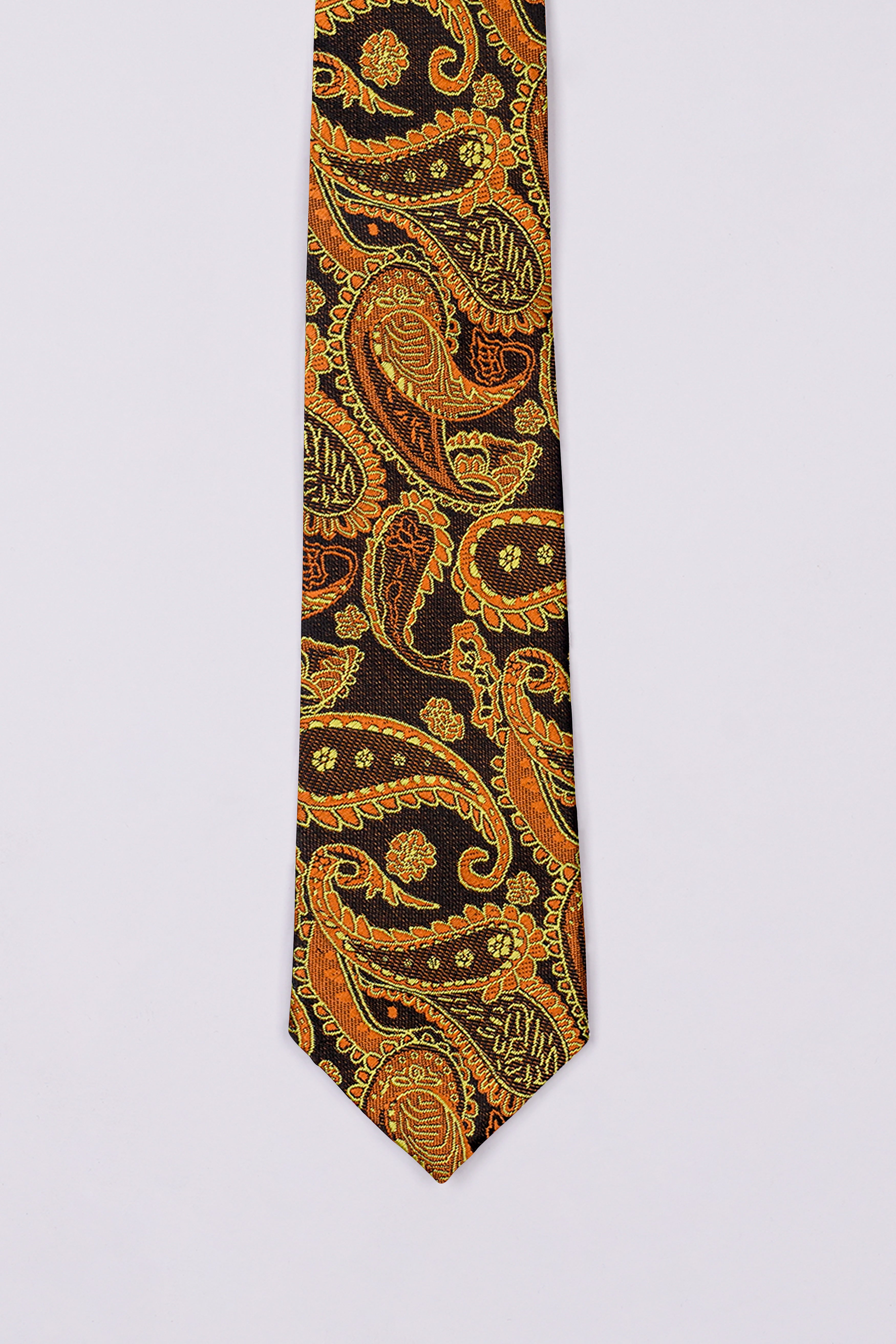 Cadmium Orange with Cafe Noir Brown Paisley Jacquard Tie with Pocket Square  TP054