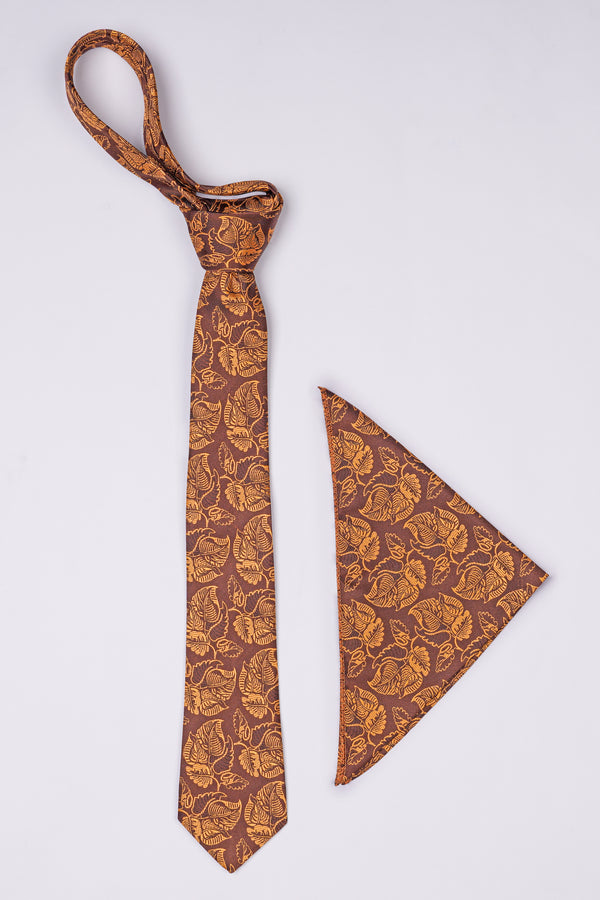 Matrix Brown with Chardonnay Yellow Leaves Textured Jacquard Tie with Pocket Square