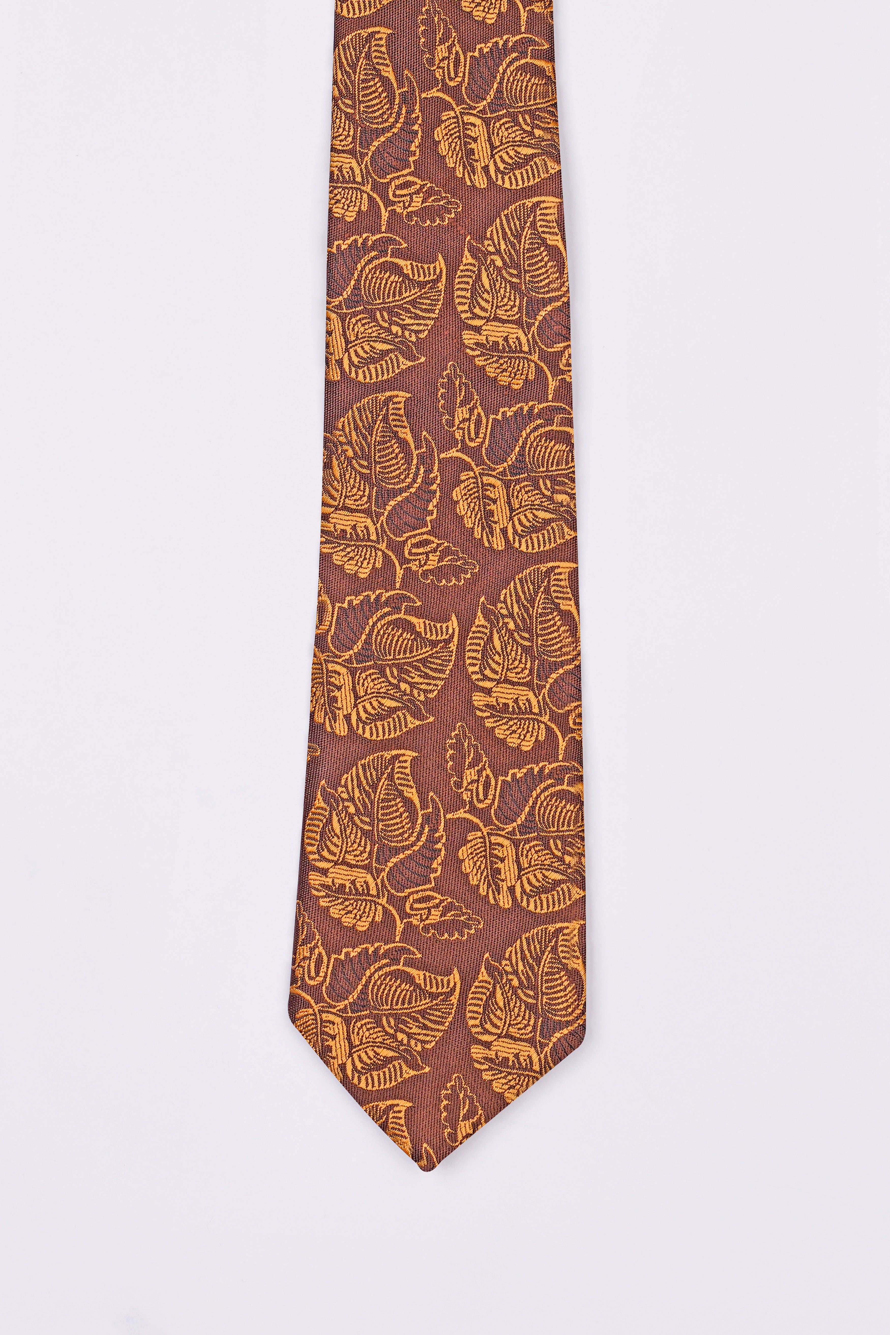 Matrix Brown with Chardonnay Yellow Leaves Textured Jacquard Tie with Pocket Square  TP055