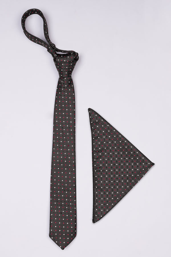 Emperor Dark Gray Multicolour Geometric Textured Jacquard Tie with Pocket Square