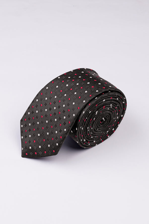 Emperor Dark Gray Multicolour Geometric Textured Jacquard Tie with Pocket Square