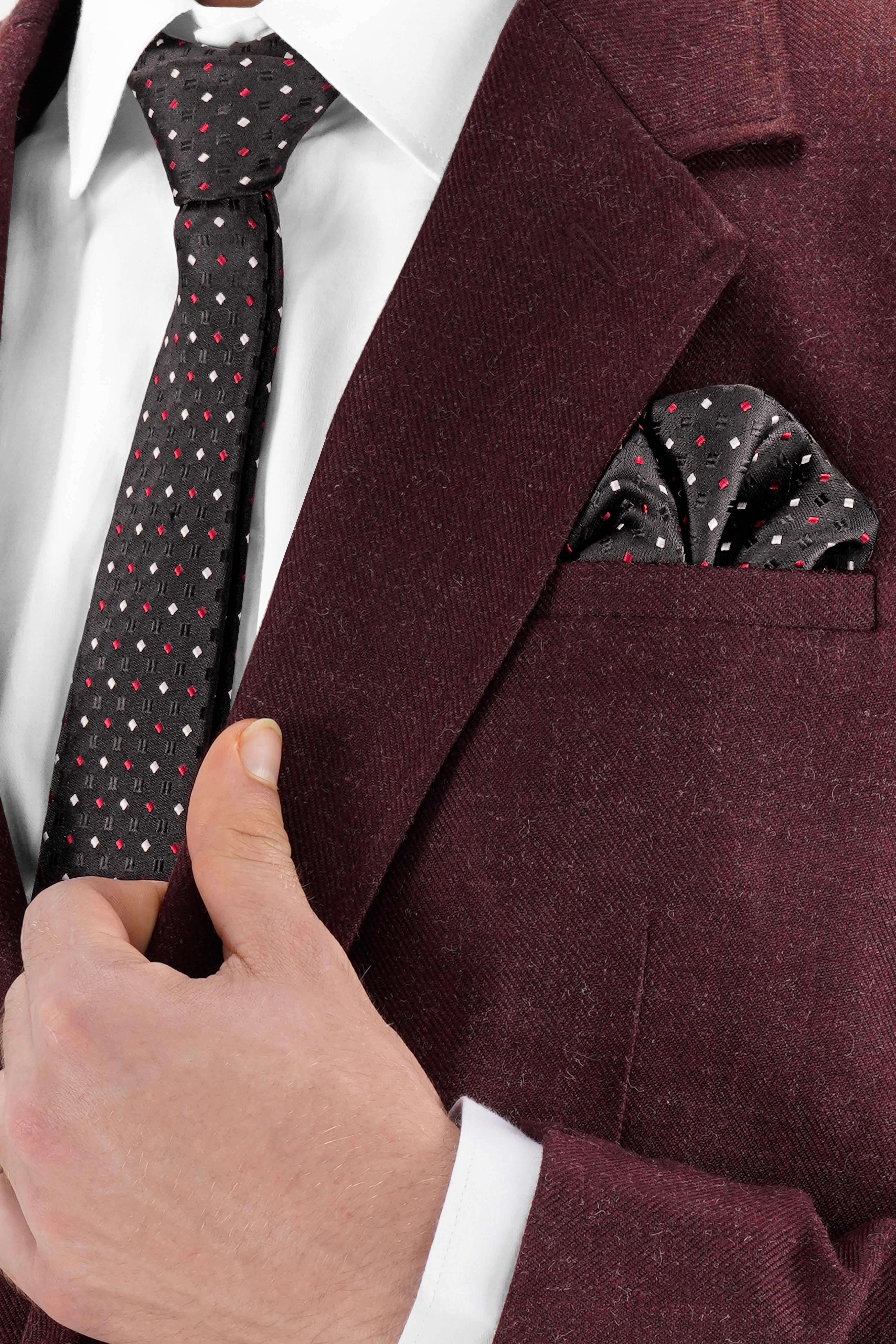 Emperor Dark Gray Multicolour Geometric Textured Jacquard Tie with Pocket Square TP056