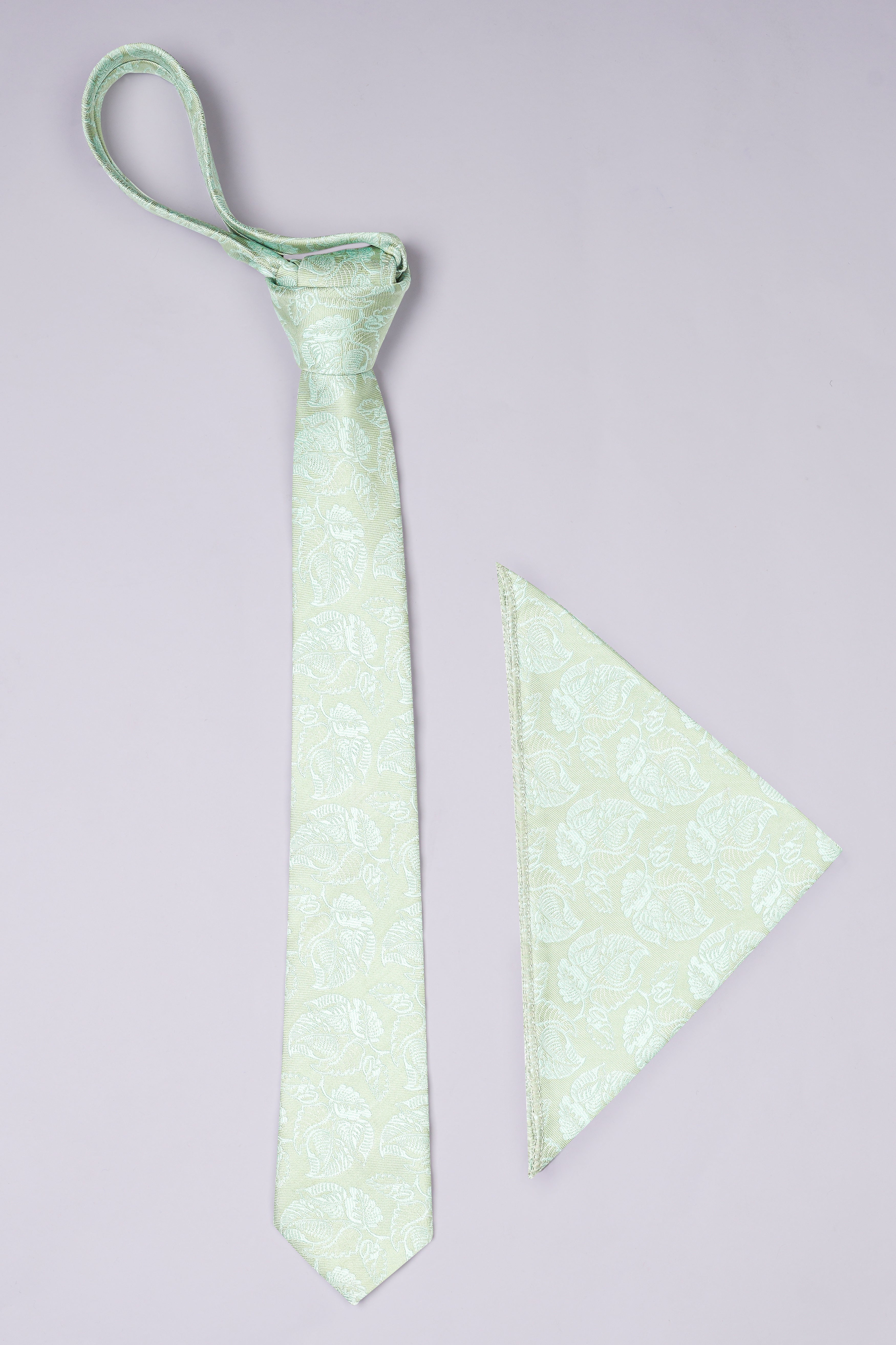Periglacial Green Leaves Textured Jacquard Tie with Pocket Square  TP057