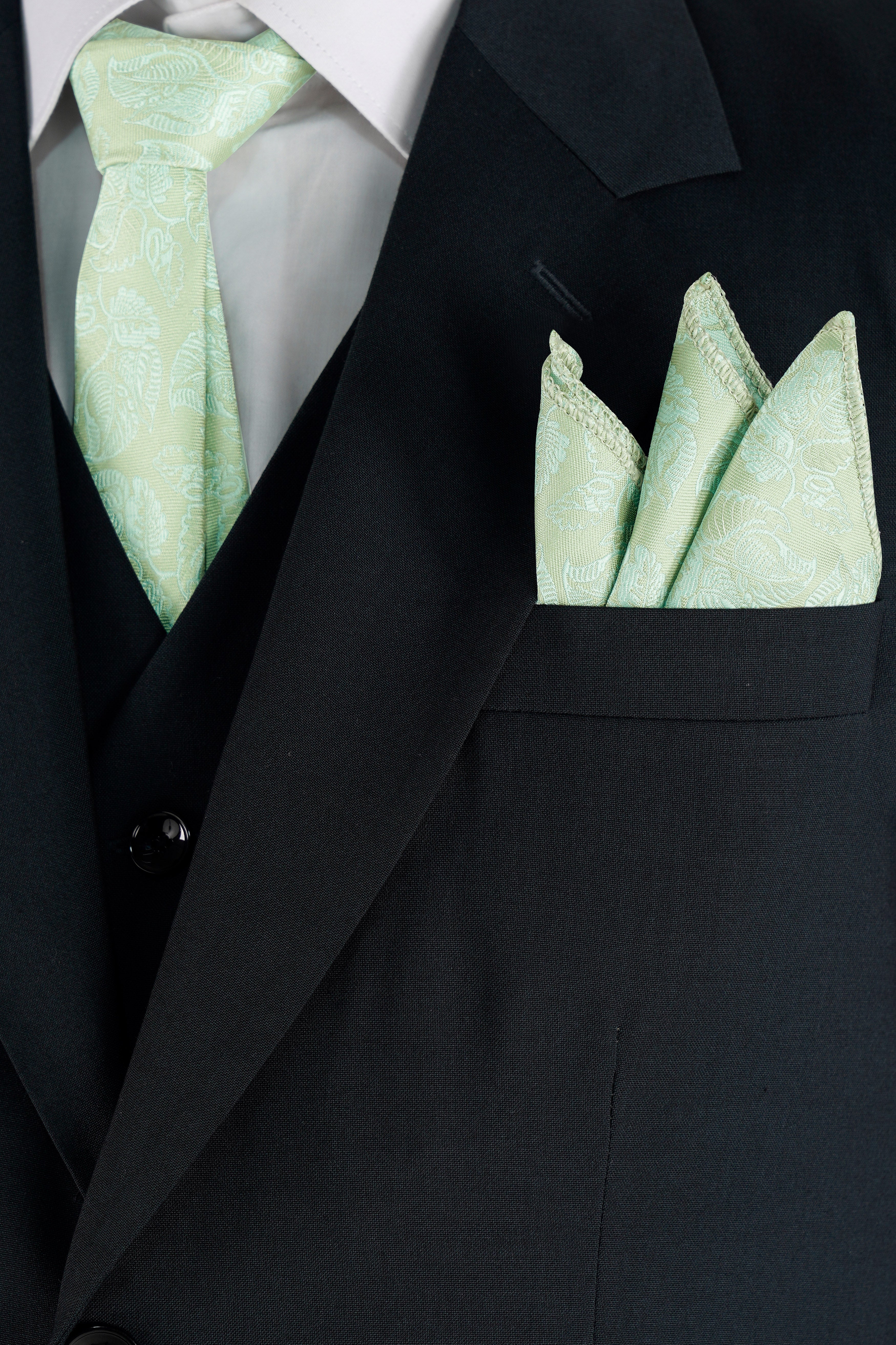 Periglacial Green Leaves Textured Jacquard Tie with Pocket Square  TP057