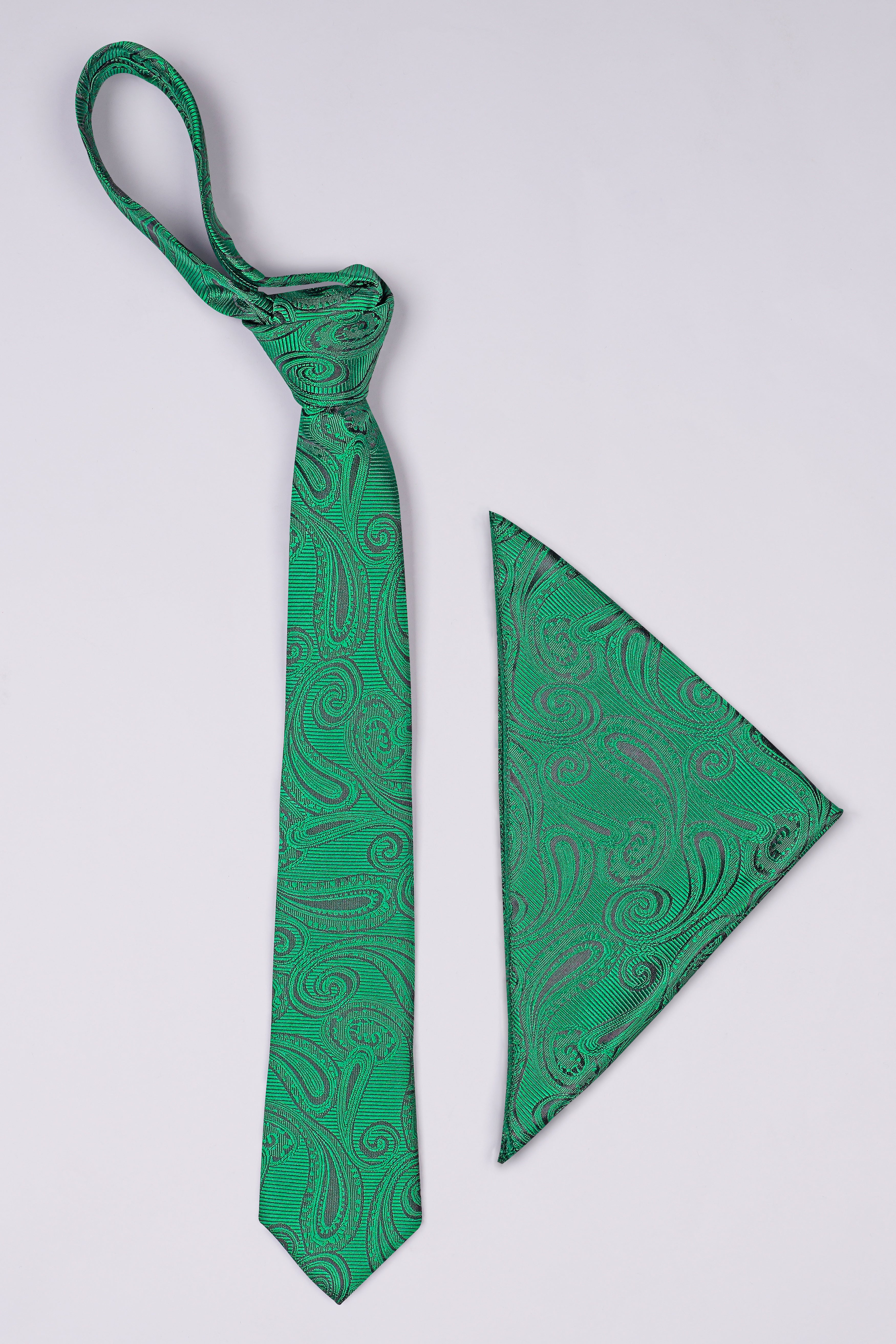 Tropical Rain Green with Gunsmoke Gray Paisley Jacquard Tie with Pocket Square  TP059