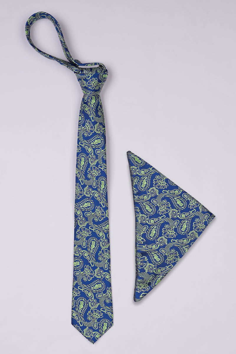 ASTRONAUT BLUE WITH SCHIST GREEN PAISLEY JACQUARD TIE WITH POCKET SQUARE