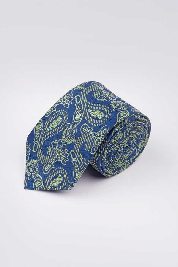 Astronaut Blue with Schist Green Paisley Jacquard Tie with Pocket Square