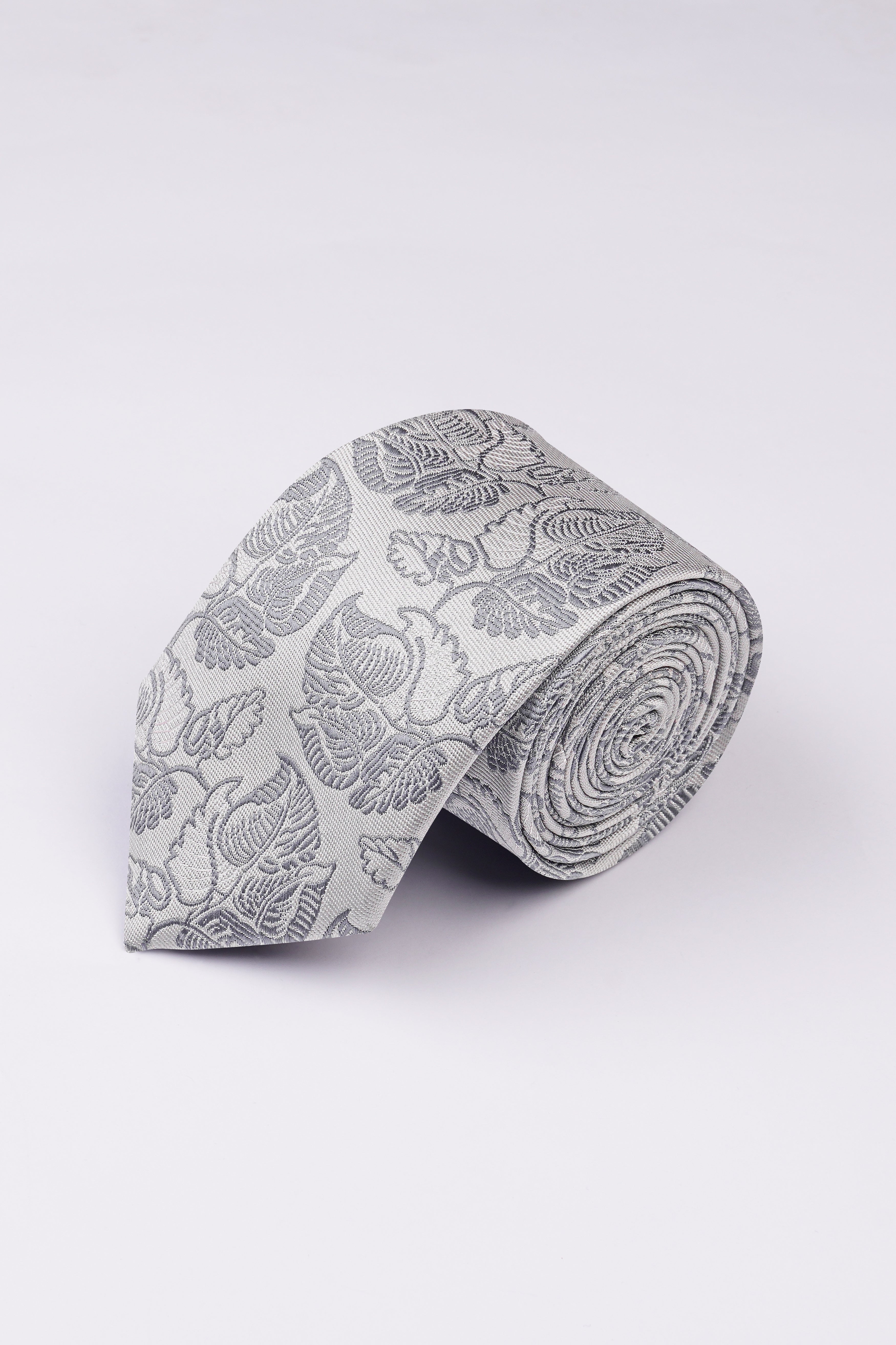 Pale Slate Gray with Mobster Dark Gray Leaves Textured Jacquard Tie with Pocket Square TP066