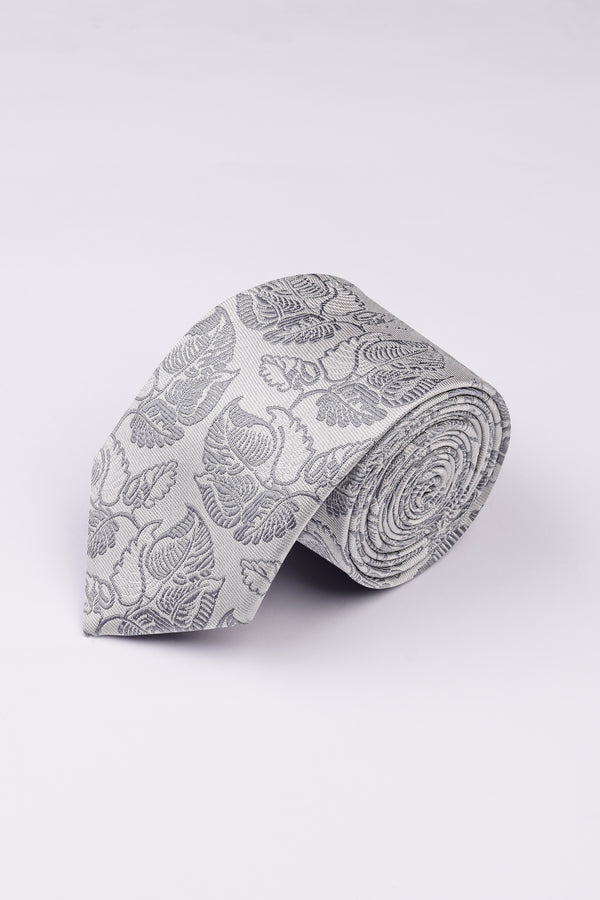 Pale Slate Gray with Mobster Dark Gray Leaves Textured Jacquard Tie with Pocket Square