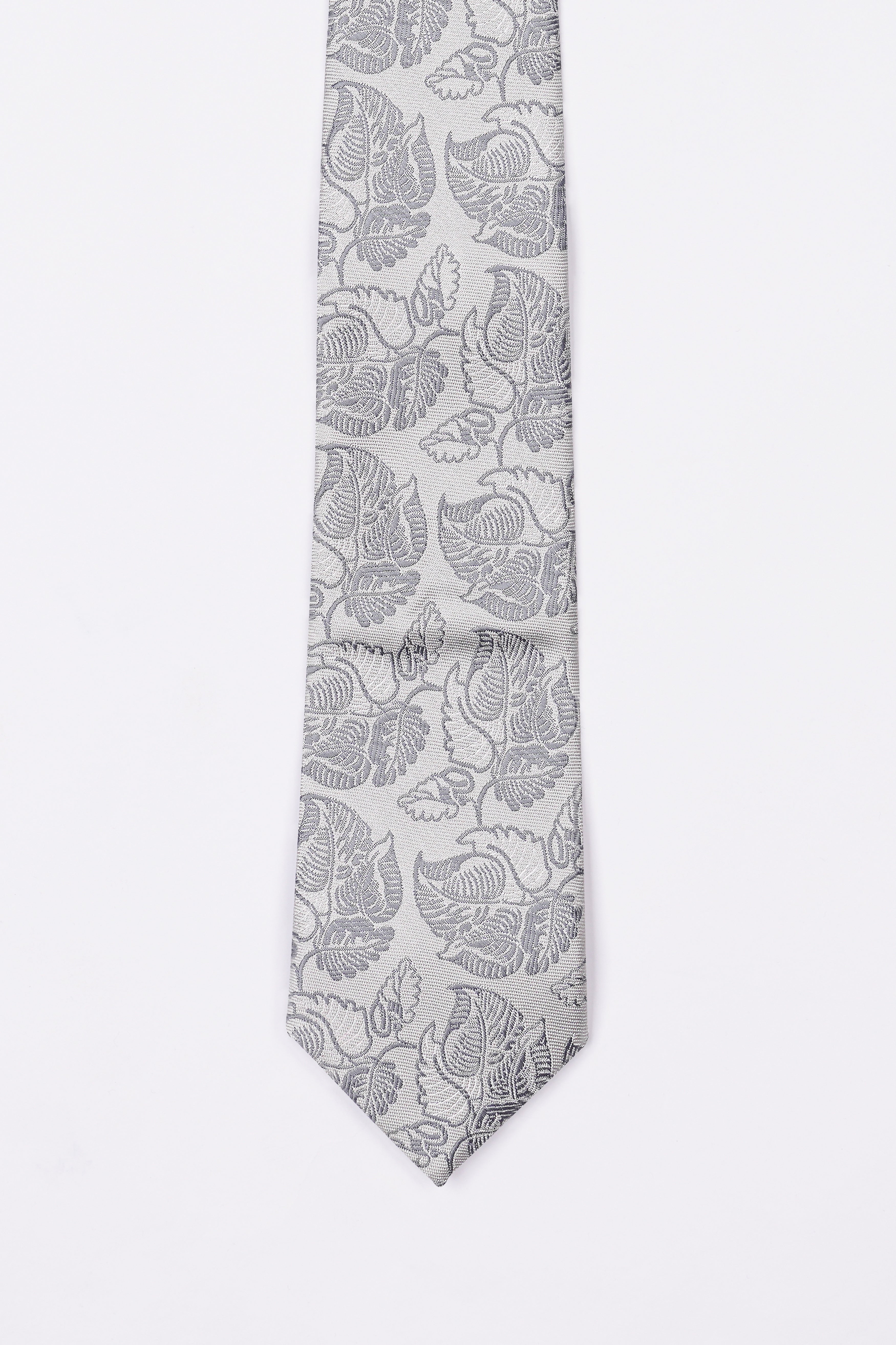 Pale Slate Gray with Mobster Dark Gray Leaves Textured Jacquard Tie with Pocket Square TP066
