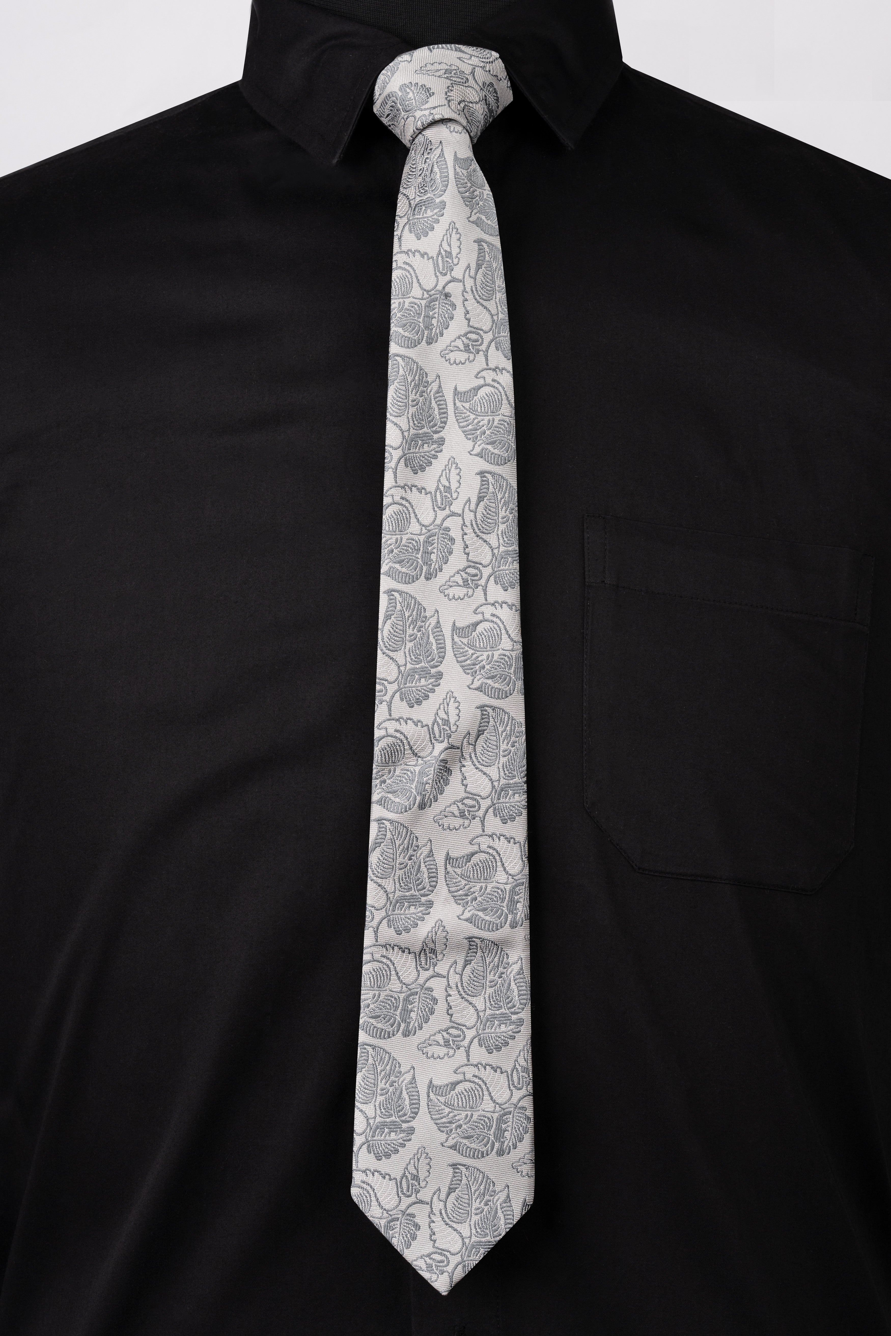 Pale Slate Gray with Mobster Dark Gray Leaves Textured Jacquard Tie with Pocket Square TP066