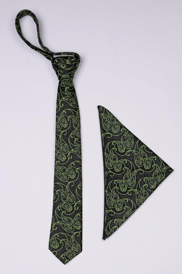 Jade Black with Olivine Green Paisley Jacquard Tie with Pocket Square