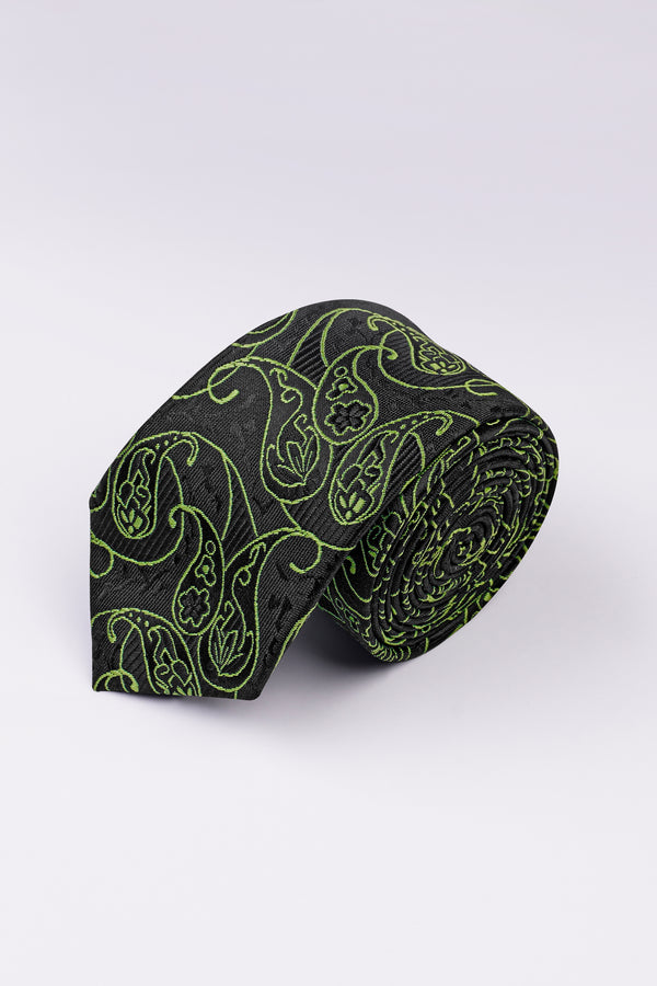 Jade Black with Olivine Green Paisley Jacquard Tie with Pocket Square