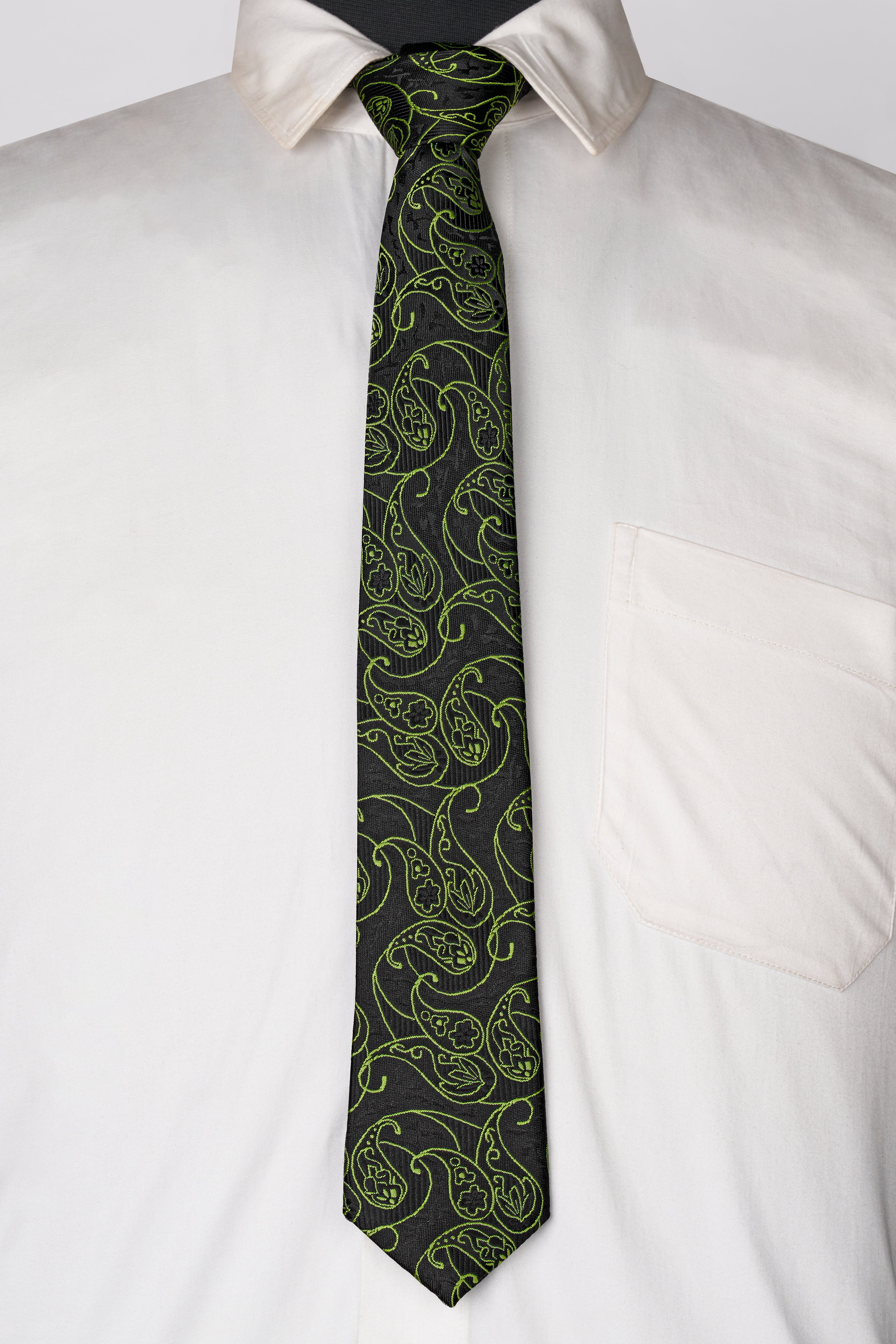 Jade Black with Olivine Green Paisley Jacquard Tie with Pocket Square TP067