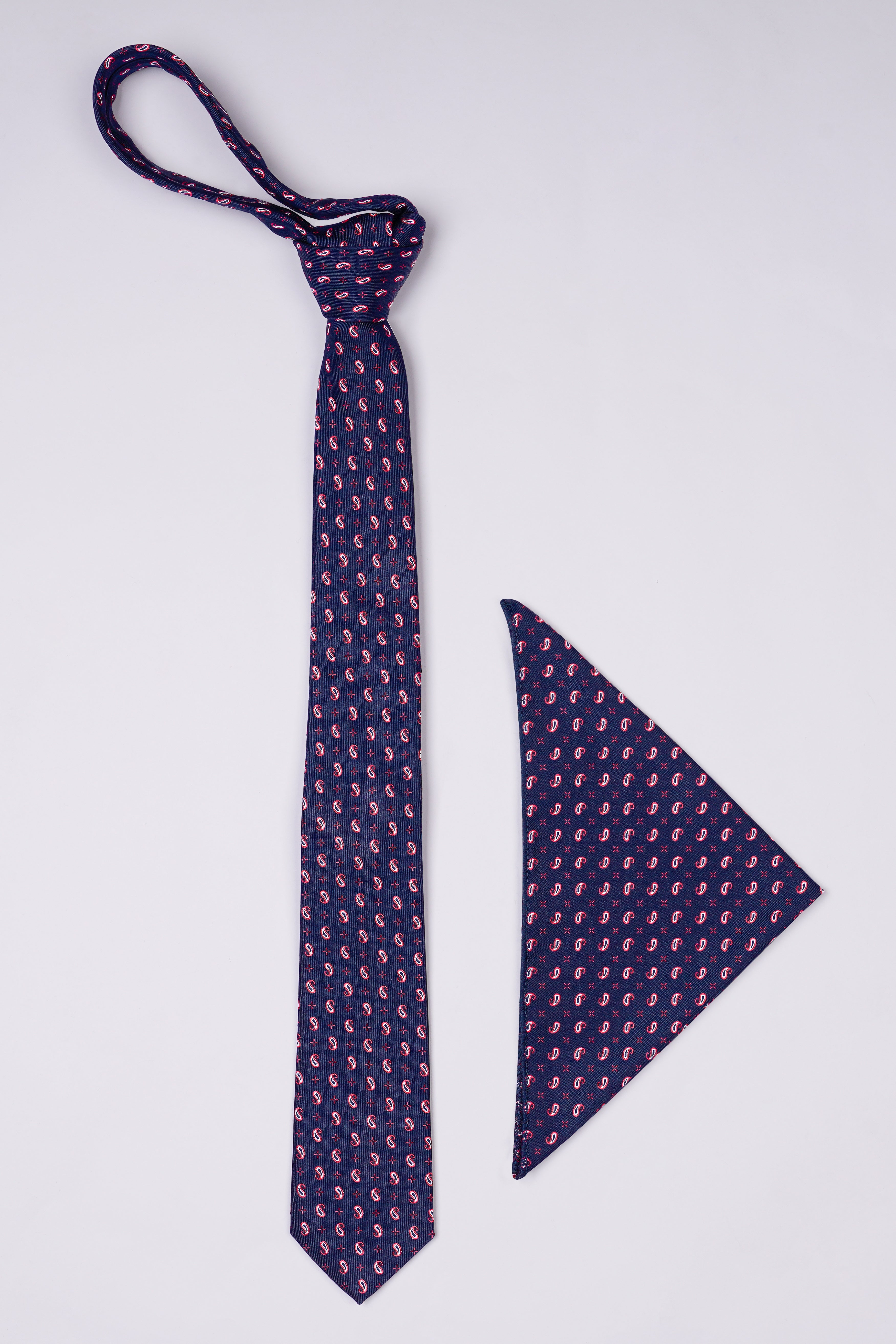 Downriver Navy Blue Multicolour Paisley Jacquard Tie with Pocket Square TP069