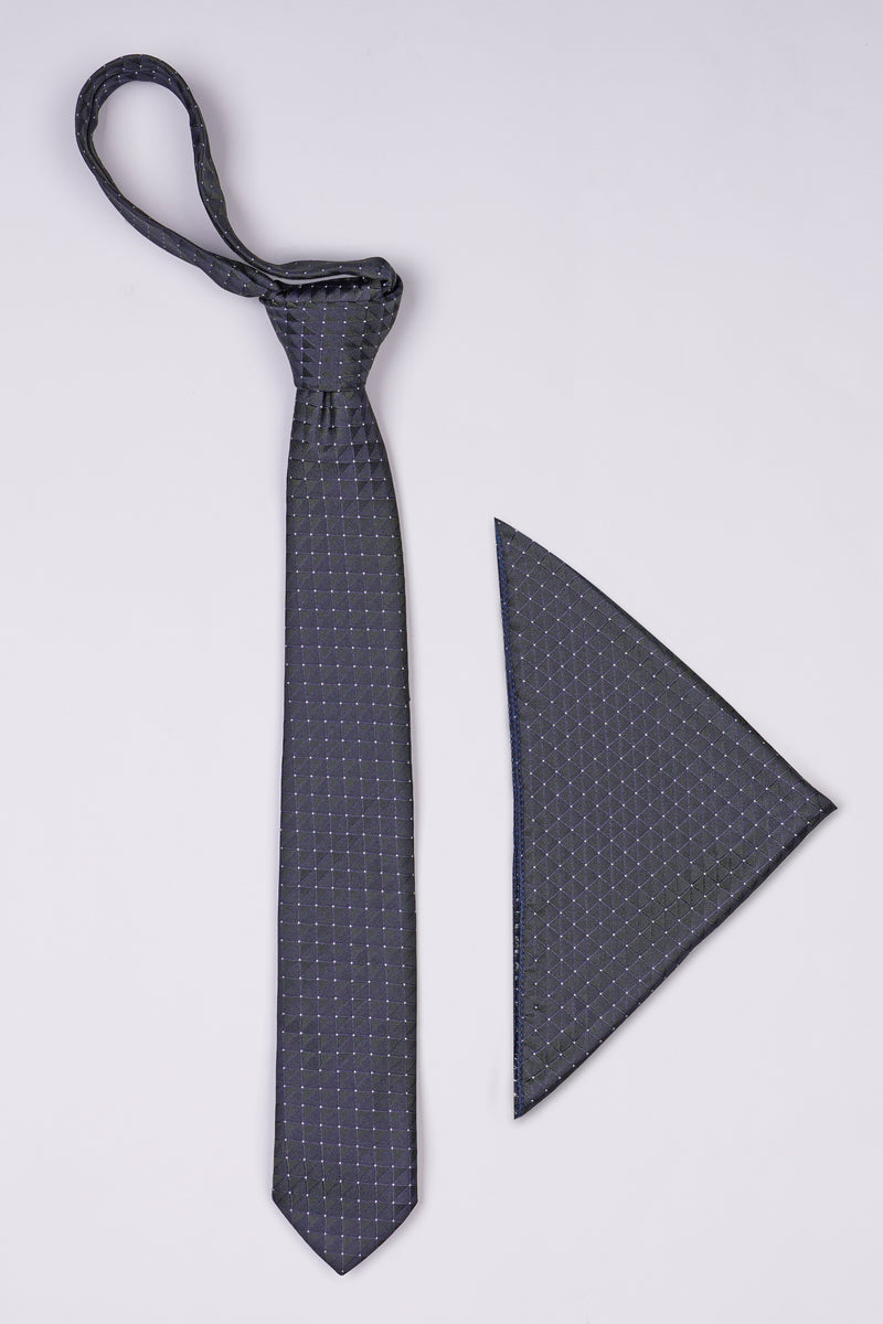 MULLED WINE BLUE CHECKERED JACQUARD TIE WITH POCKET SQUARE