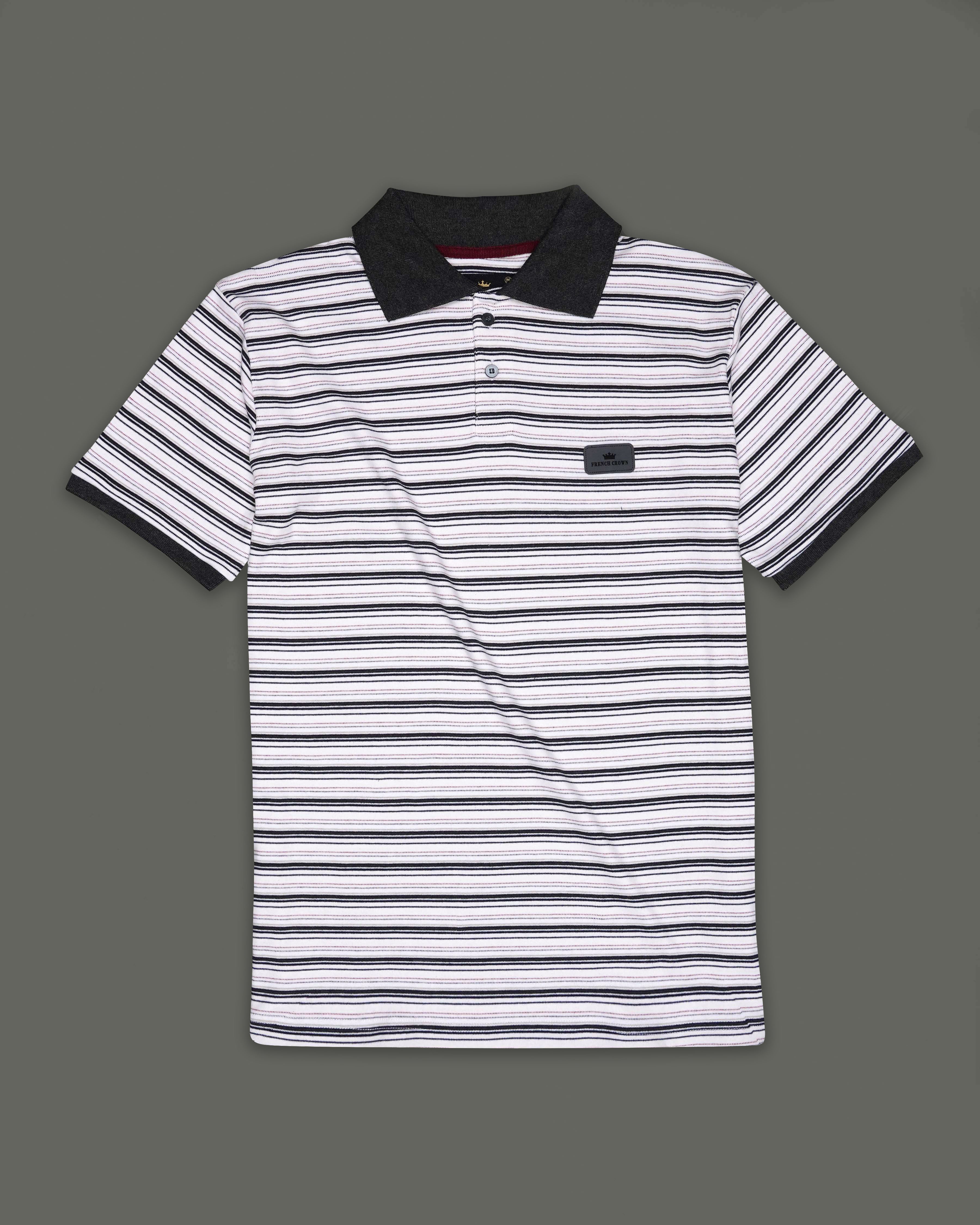 Bright White with Jade Black Multicolour Striped Super Soft Organic Mercerised Pique Polo