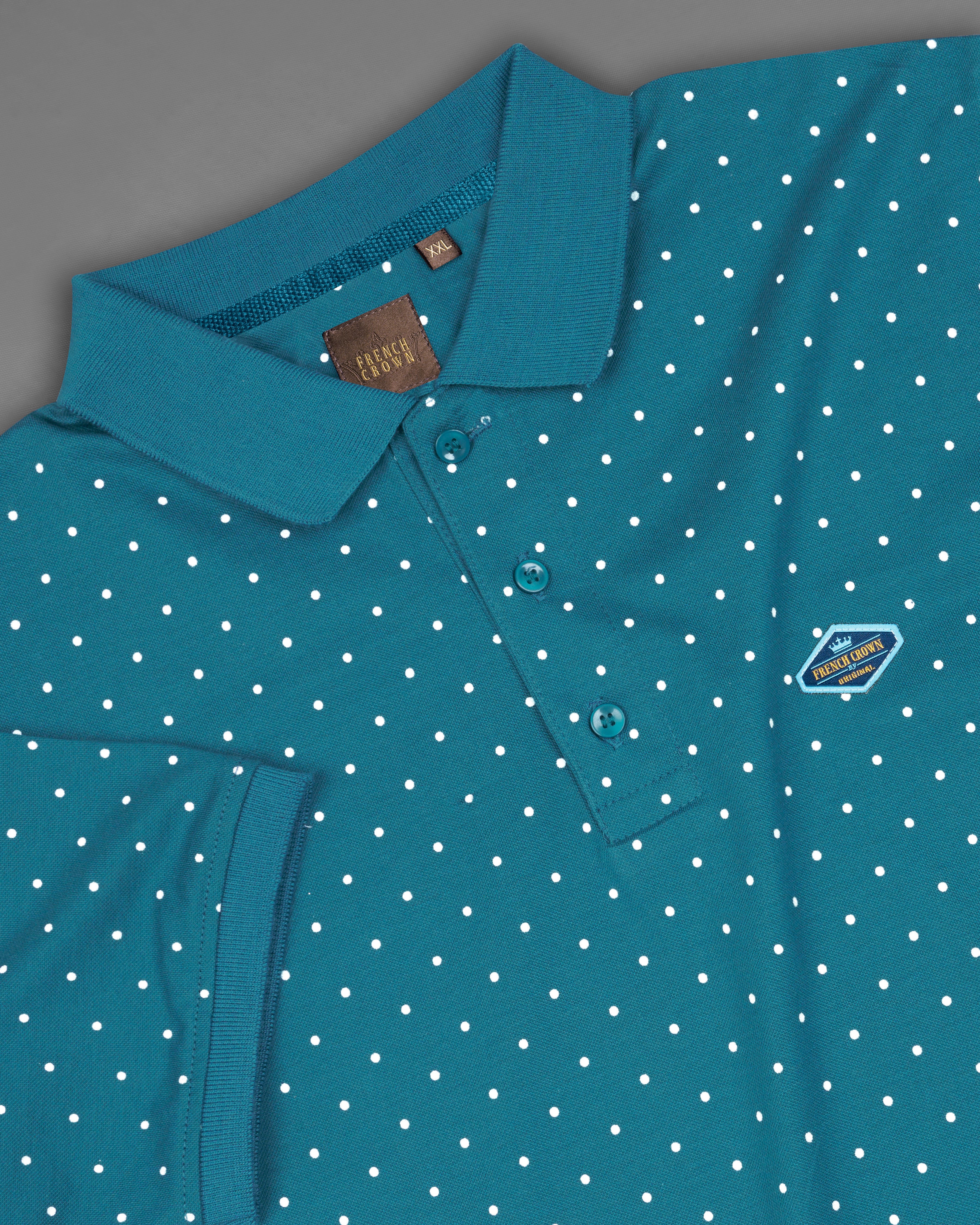 Denim Blue Polka Dotted Organic Cotton Mercerised Pique Polo