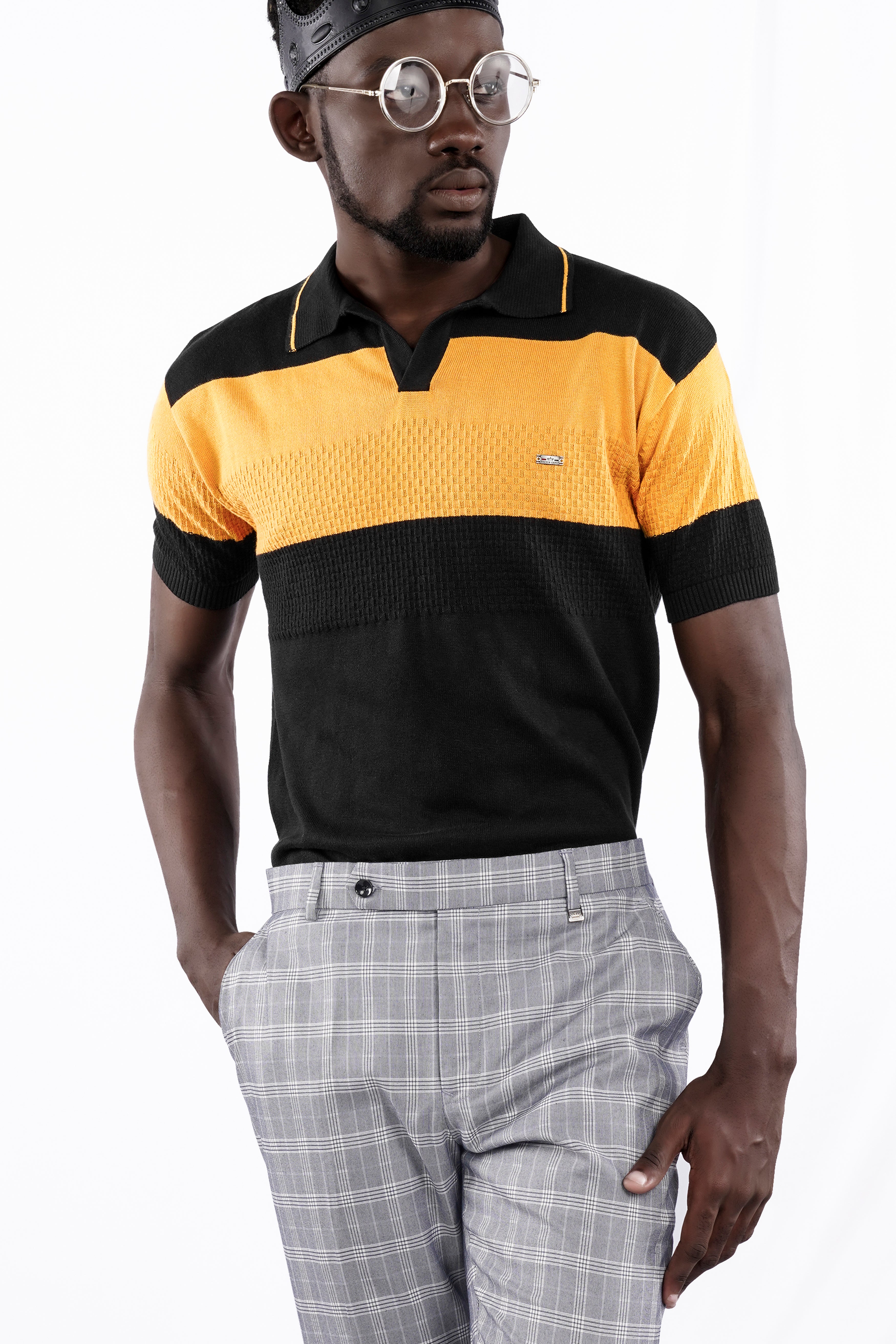 Jade Black and Butterscotch Yellow Jacquard Textured Flat-Knit Premium Cotton Polo TS872-S, TS872-M, TS872-L, TS872-XL, TS872-XXL