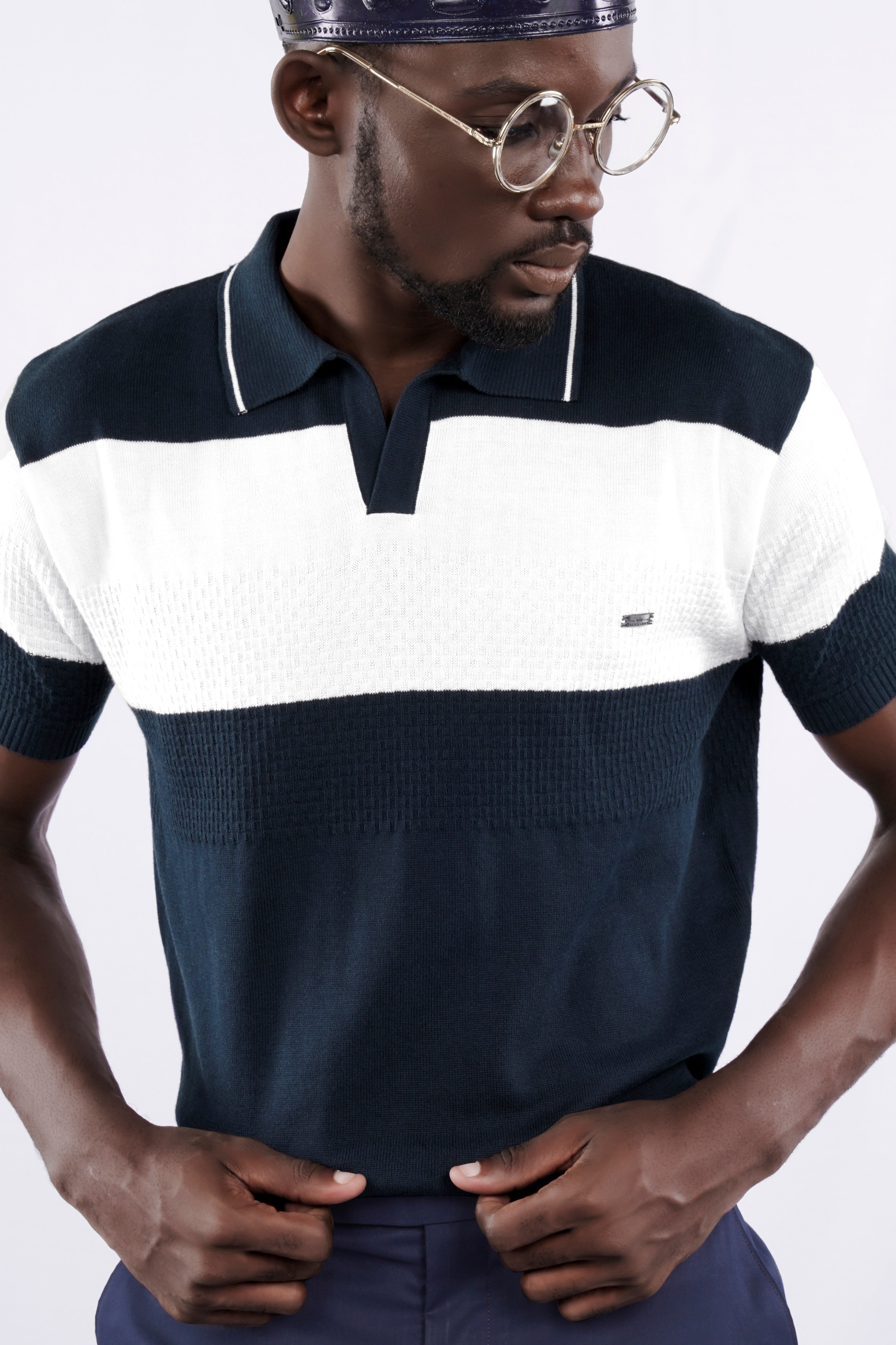 Shark Blue and White Jacquard Textured Flat-Knit Premium Cotton Polo