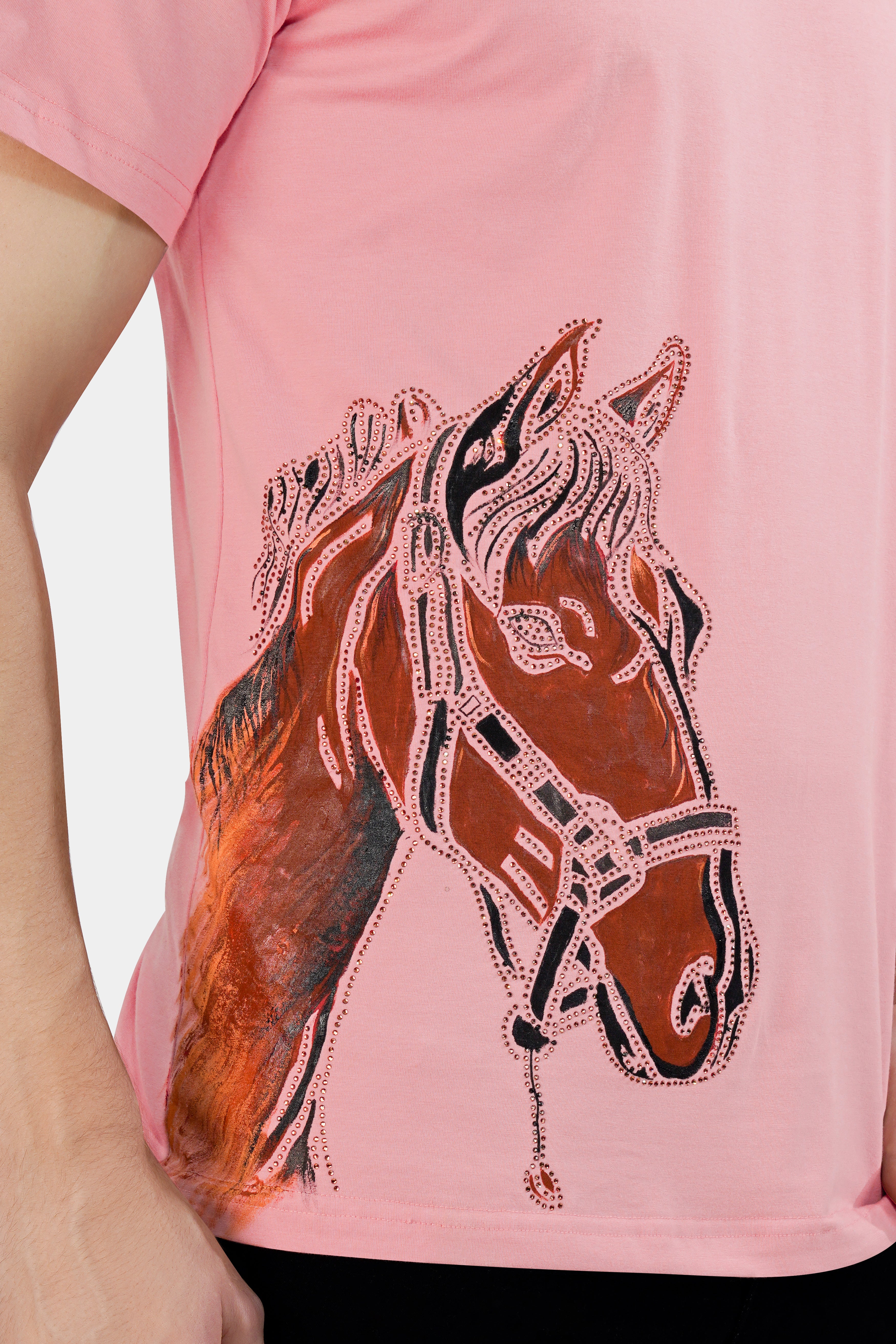 Beauty Bush Pink Funky Horse Hand Painted with Stonwork Organic Cotton T-Shirt TS007-W05-ART-S, TS007-W05-ART-M, TS007-W05-ART-L, TS007-W05-ART-XL, TS007-W05-ART-XXL