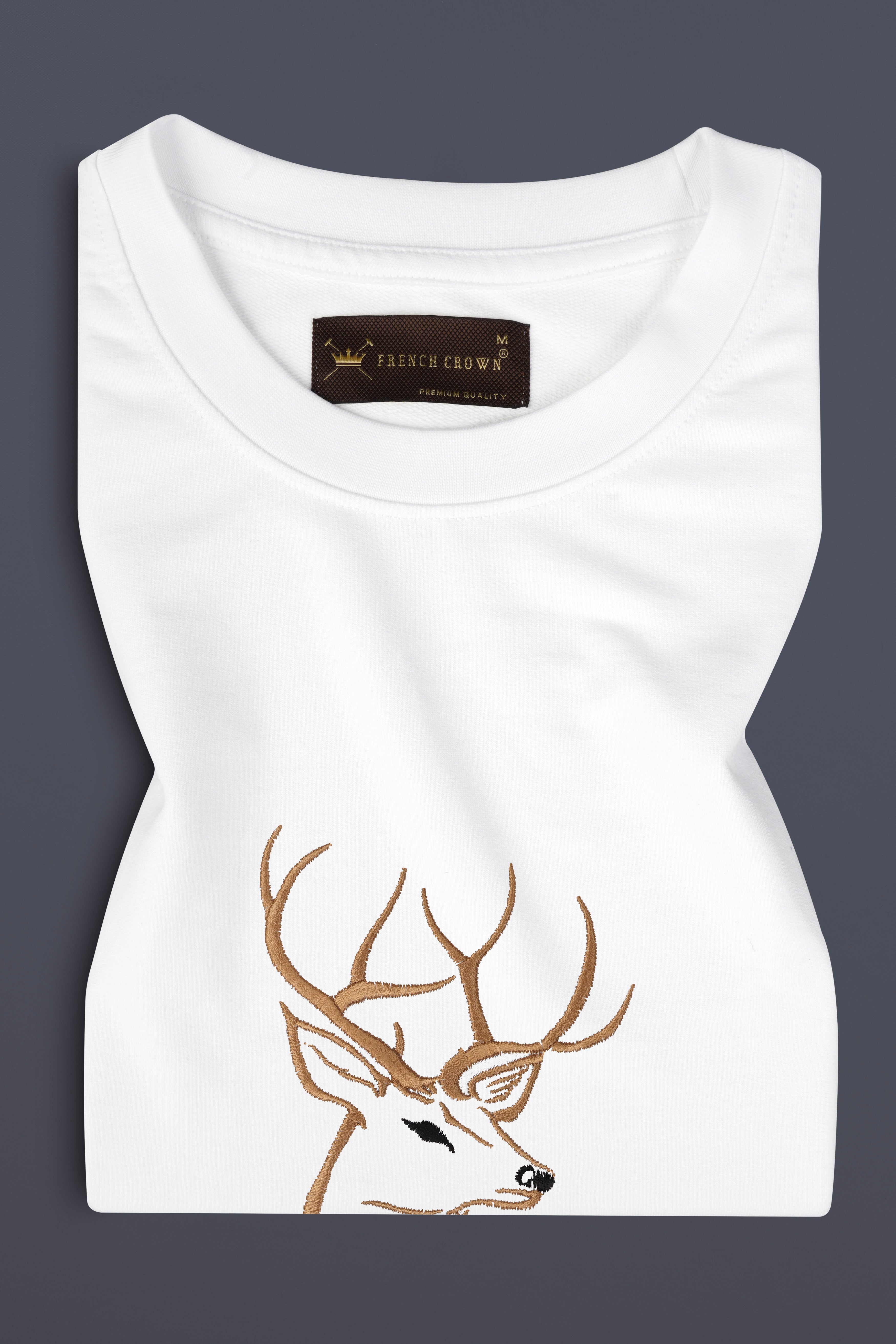 Bright White Reindeer Embroidered heavyweight Premium Cotton Designer T Shirt