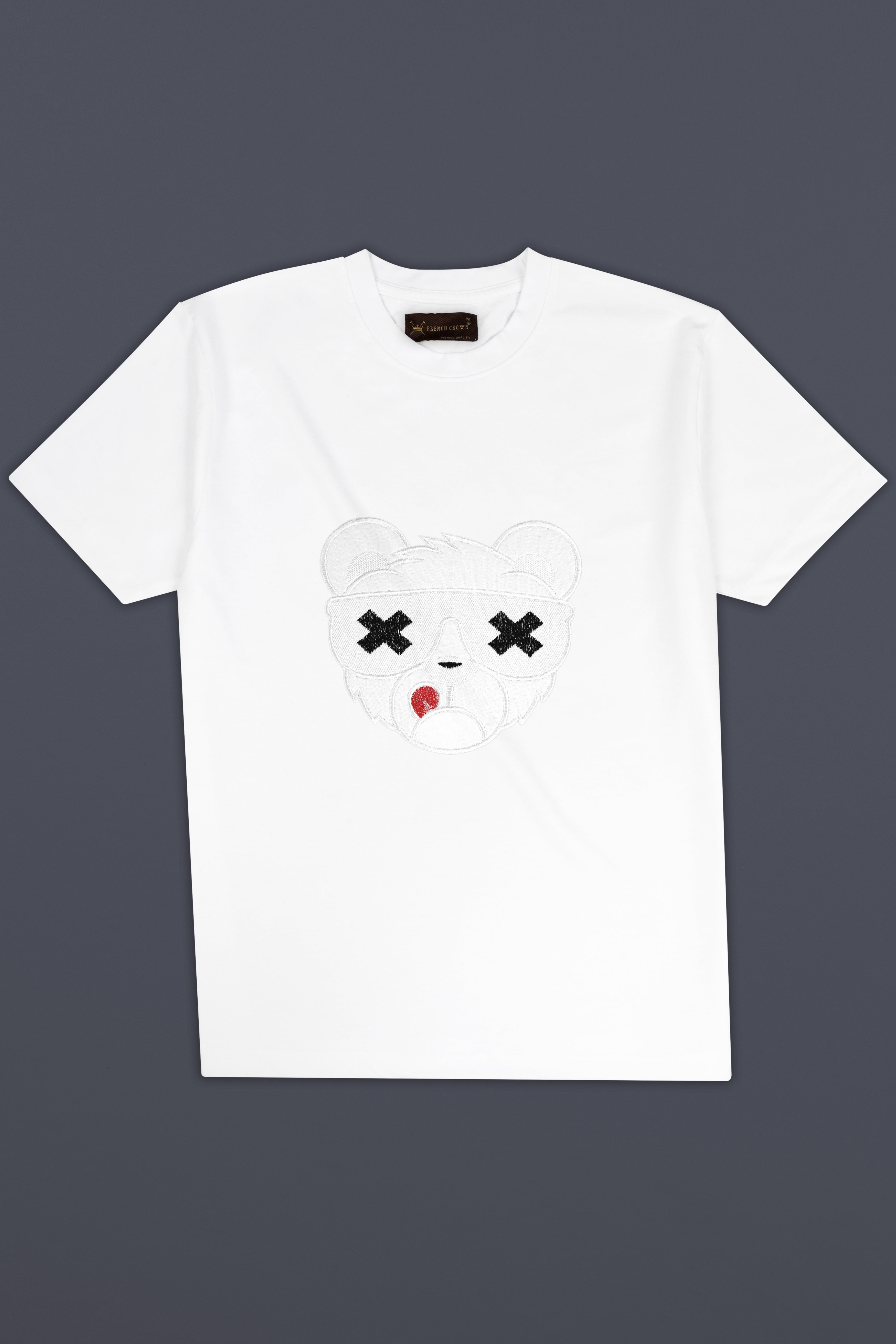 Bright White bear Funky Embroidered heavyweight Premium Cotton Designer T Shirt TS1009-W02-E472-S, TS1009-W02-E472-M, TS1009-W02-E472-L, TS1009-W02-E472-XL, TS1009-W02-E472-XXL