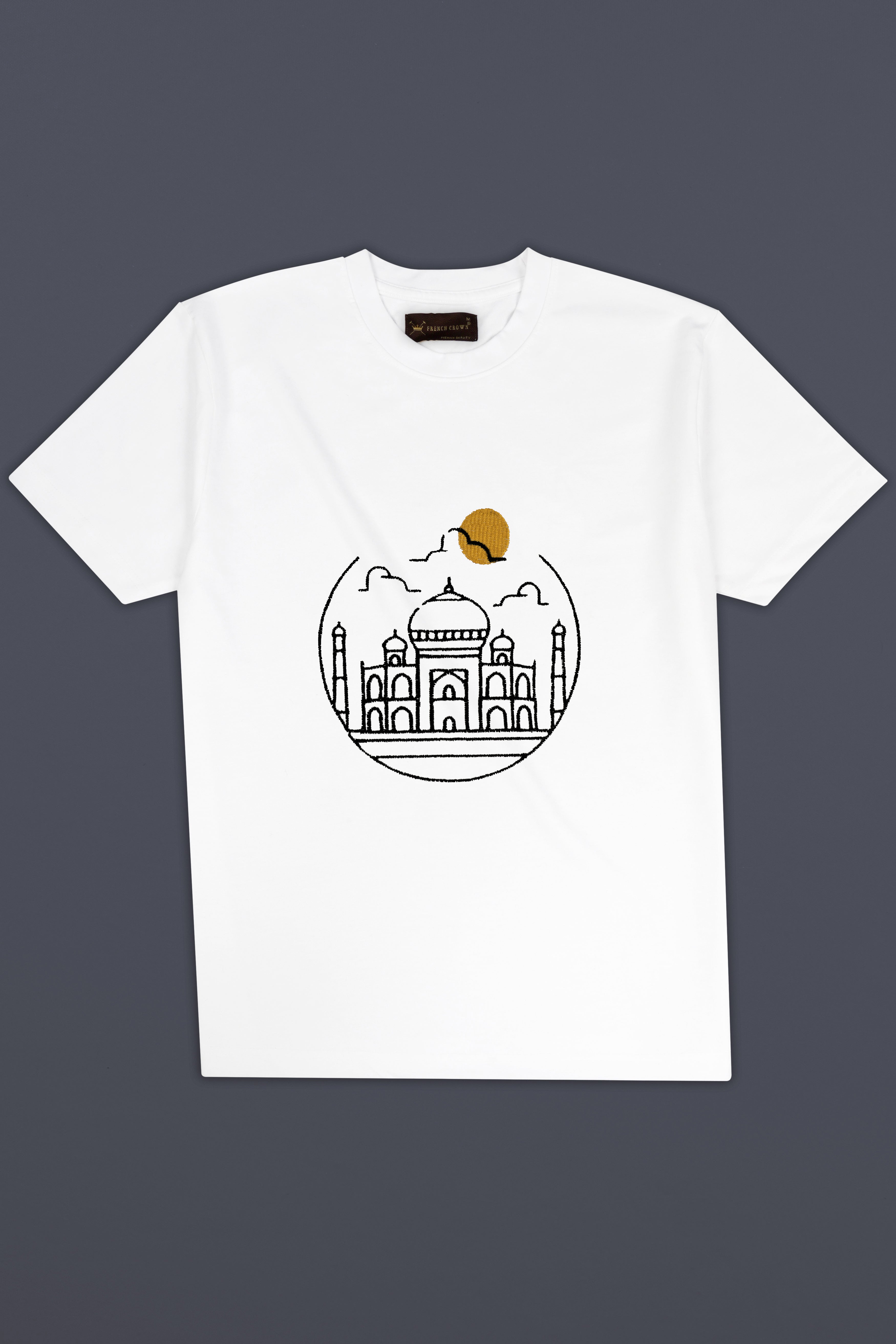 Bright White Taj Mahal Embroidered heavyweight Premium Cotton Designer T Shirt