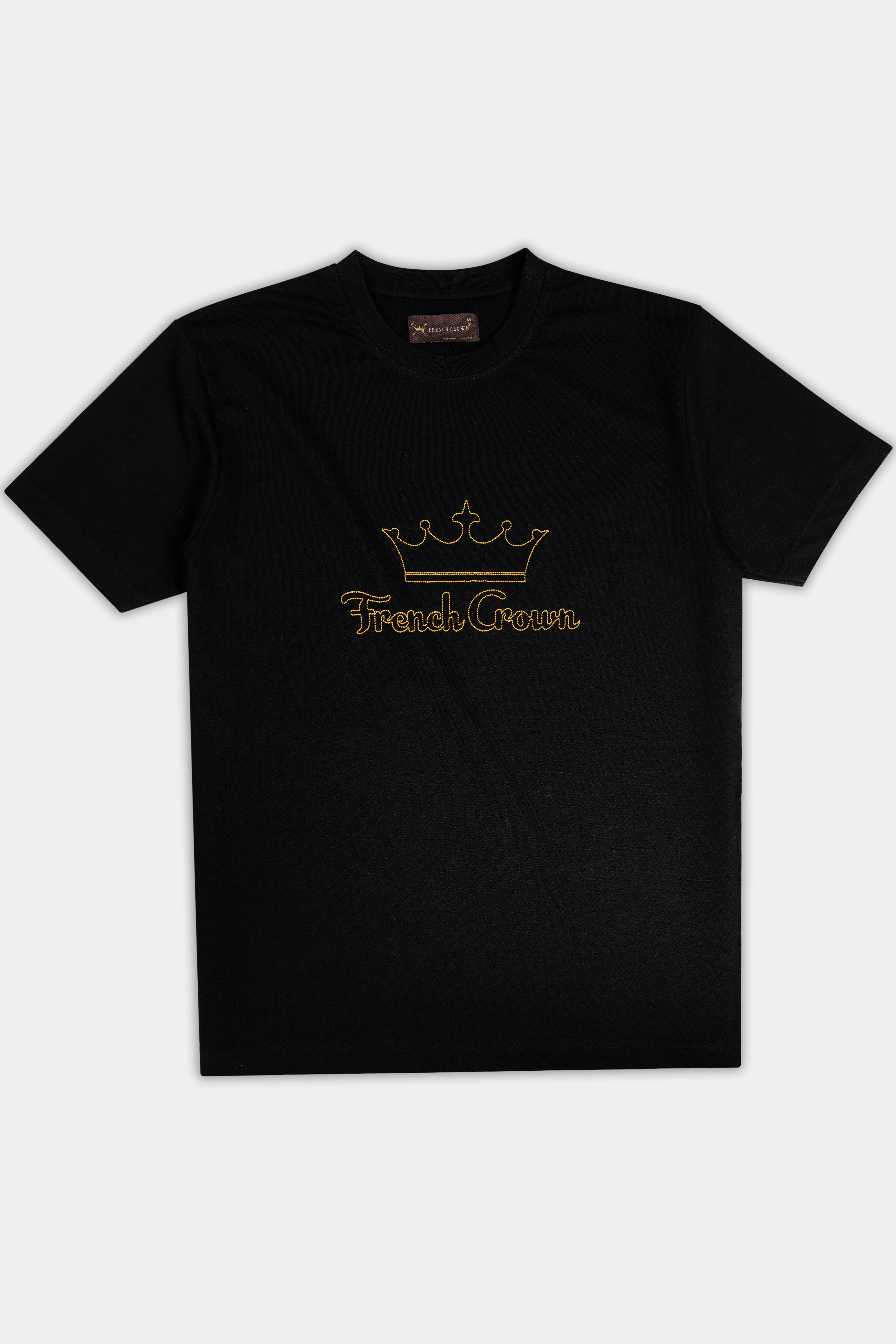 Jade Black French Crown Embroidered heavyweight Premium Cotton Designer T Shirt TS1010-W01-E469-S, TS1010-W01-E469-M, TS1010-W01-E469-L, TS1010-W01-E469-XL, TS1010-W01-E469-XXL