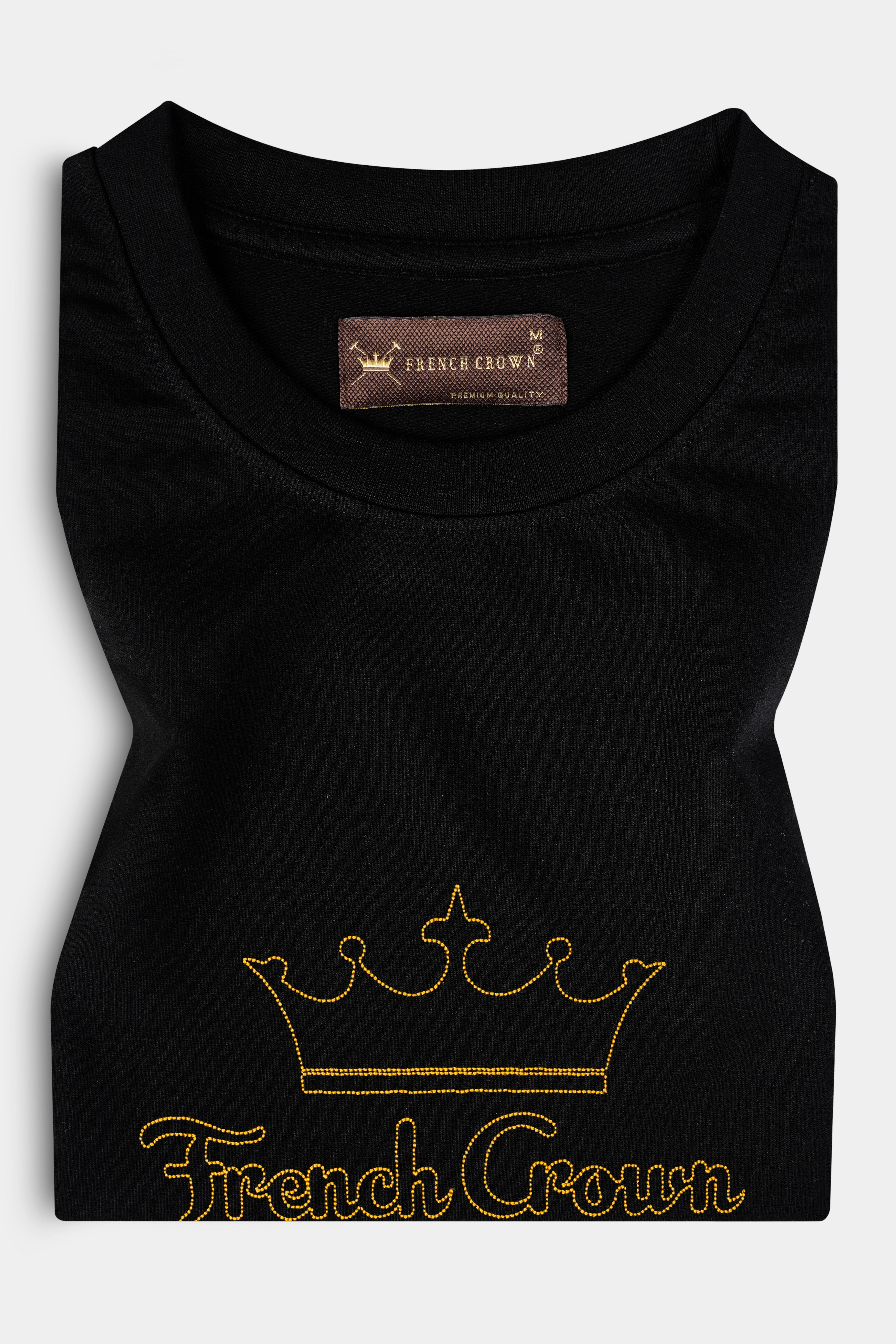 Jade Black French Crown Embroidered heavyweight Premium Cotton Designer T Shirt TS1010-W01-E469-S, TS1010-W01-E469-M, TS1010-W01-E469-L, TS1010-W01-E469-XL, TS1010-W01-E469-XXL