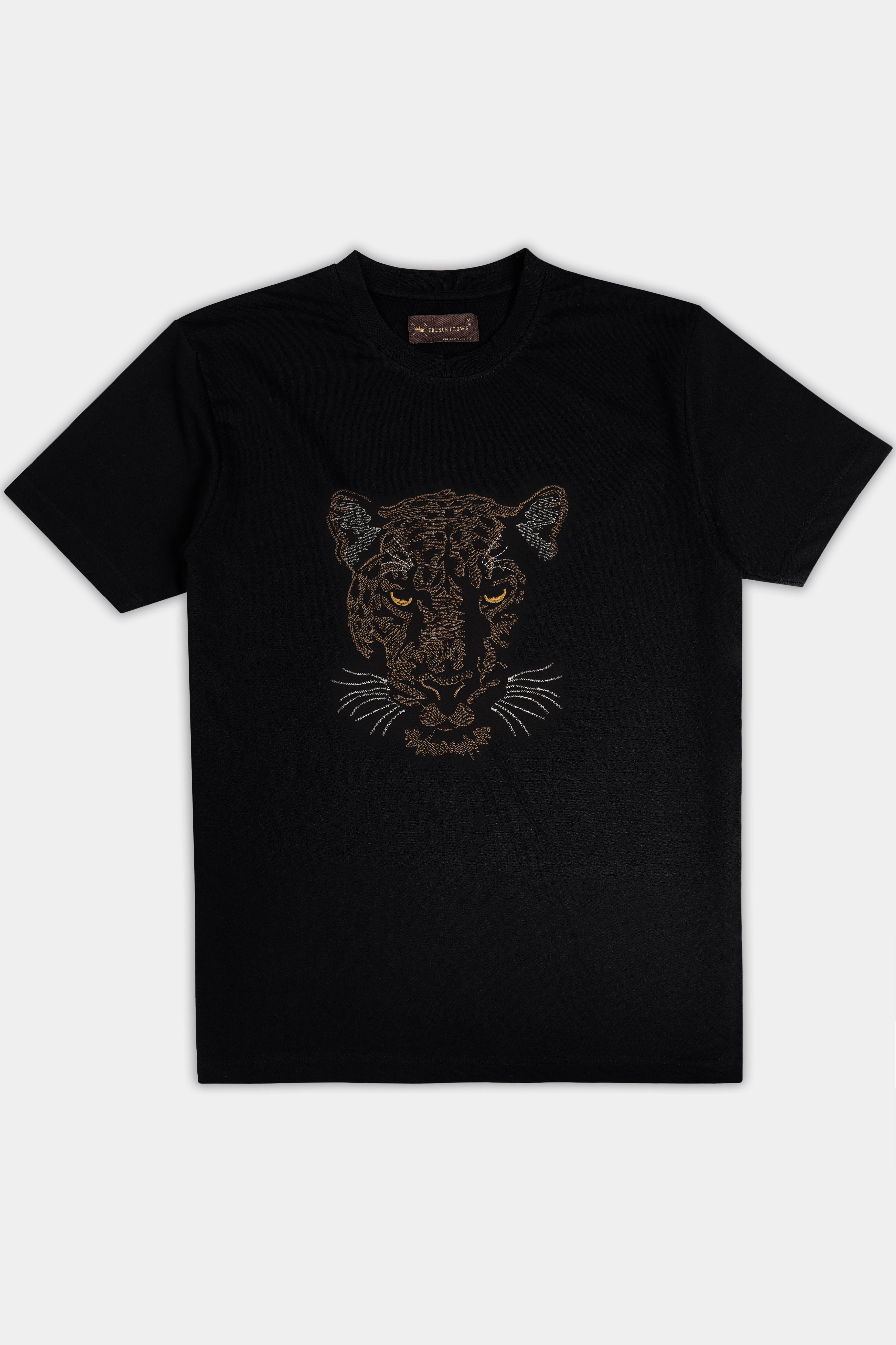 Jade Black Jaguar Animal Face Embroidered heavyweight Premium Cotton Designer T Shirt