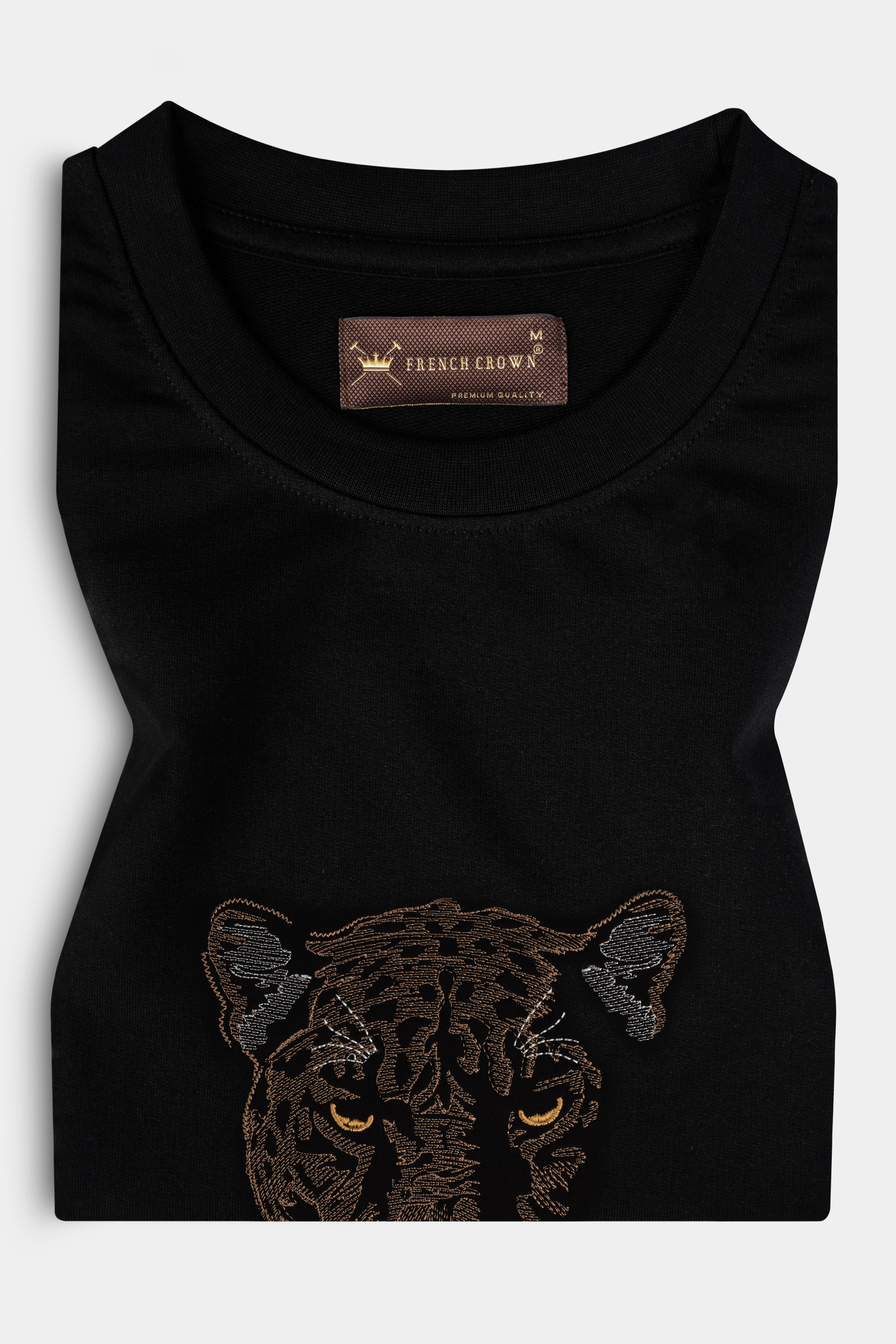 Jade Black Jaguar Animal Face Embroidered heavyweight Premium Cotton Designer T Shirt TS1010-W02-E471-S, TS1010-W02-E471-M, TS1010-W02-E471-L, TS1010-W02-E471-XL, TS1010-W02-E471-XXL