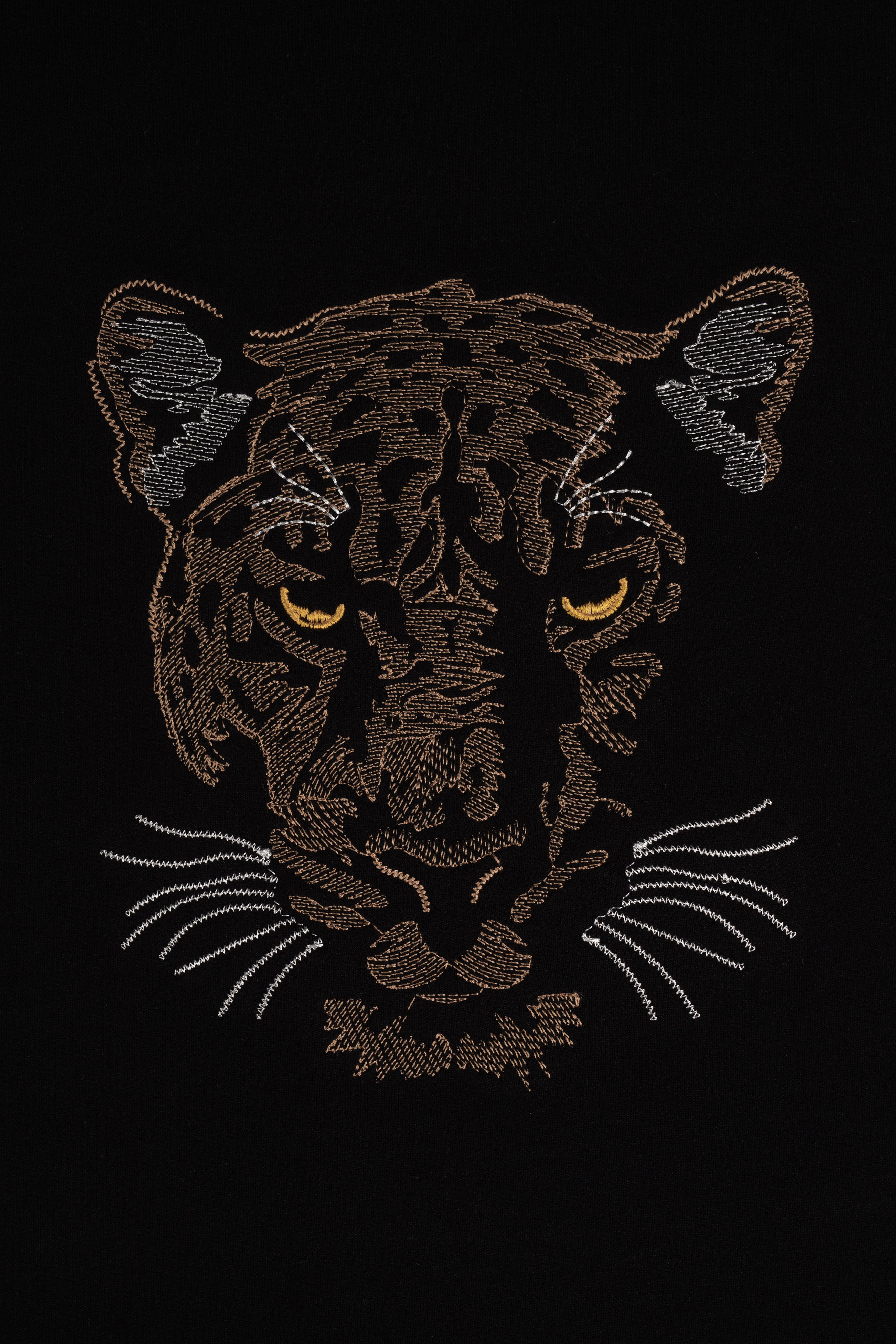 Jade Black Jaguar Animal Face Embroidered heavyweight Premium Cotton Designer T Shirt TS1010-W02-E471-S, TS1010-W02-E471-M, TS1010-W02-E471-L, TS1010-W02-E471-XL, TS1010-W02-E471-XXL