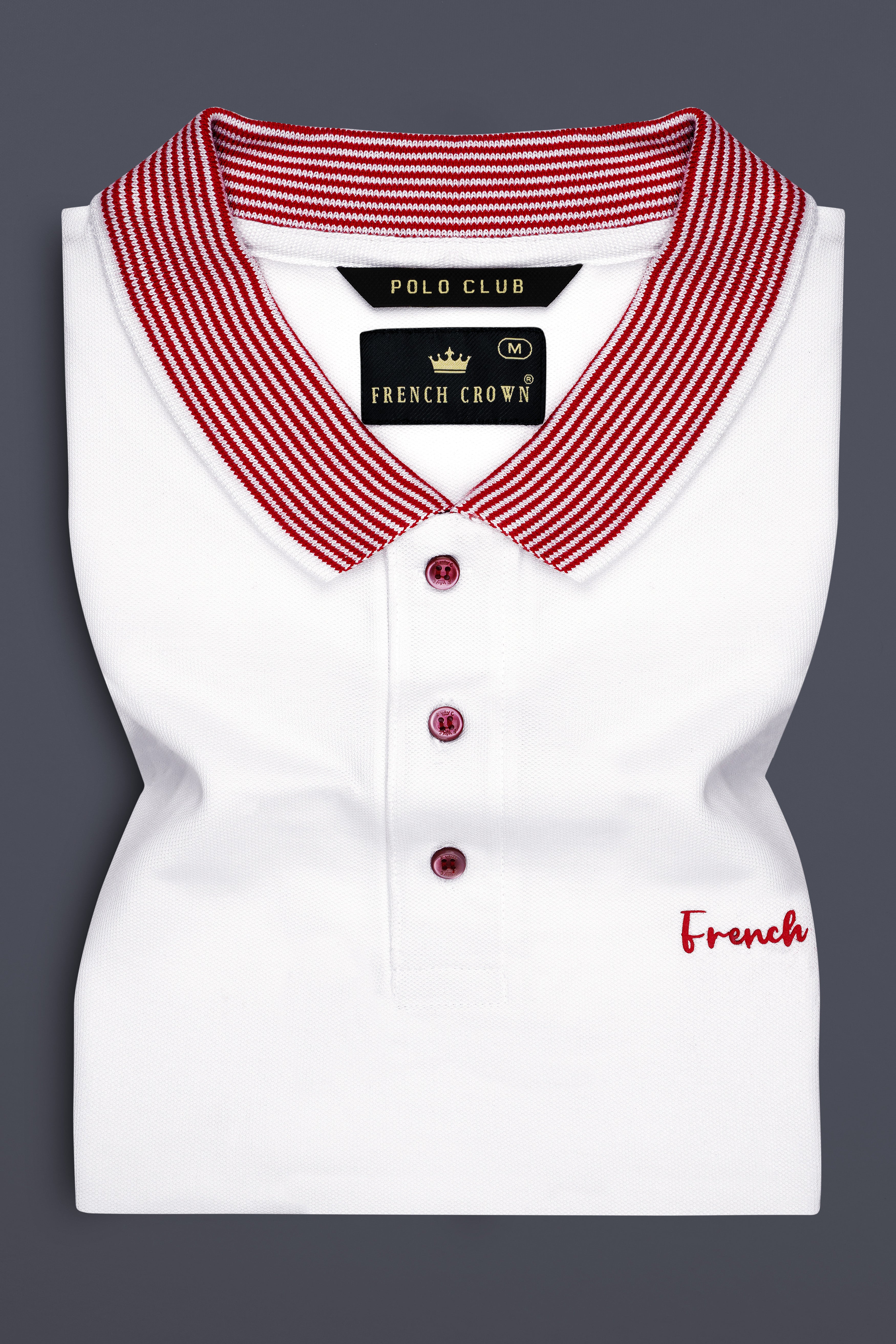 Bright White Premium Cotton With Red Striped Collar Pique Polo