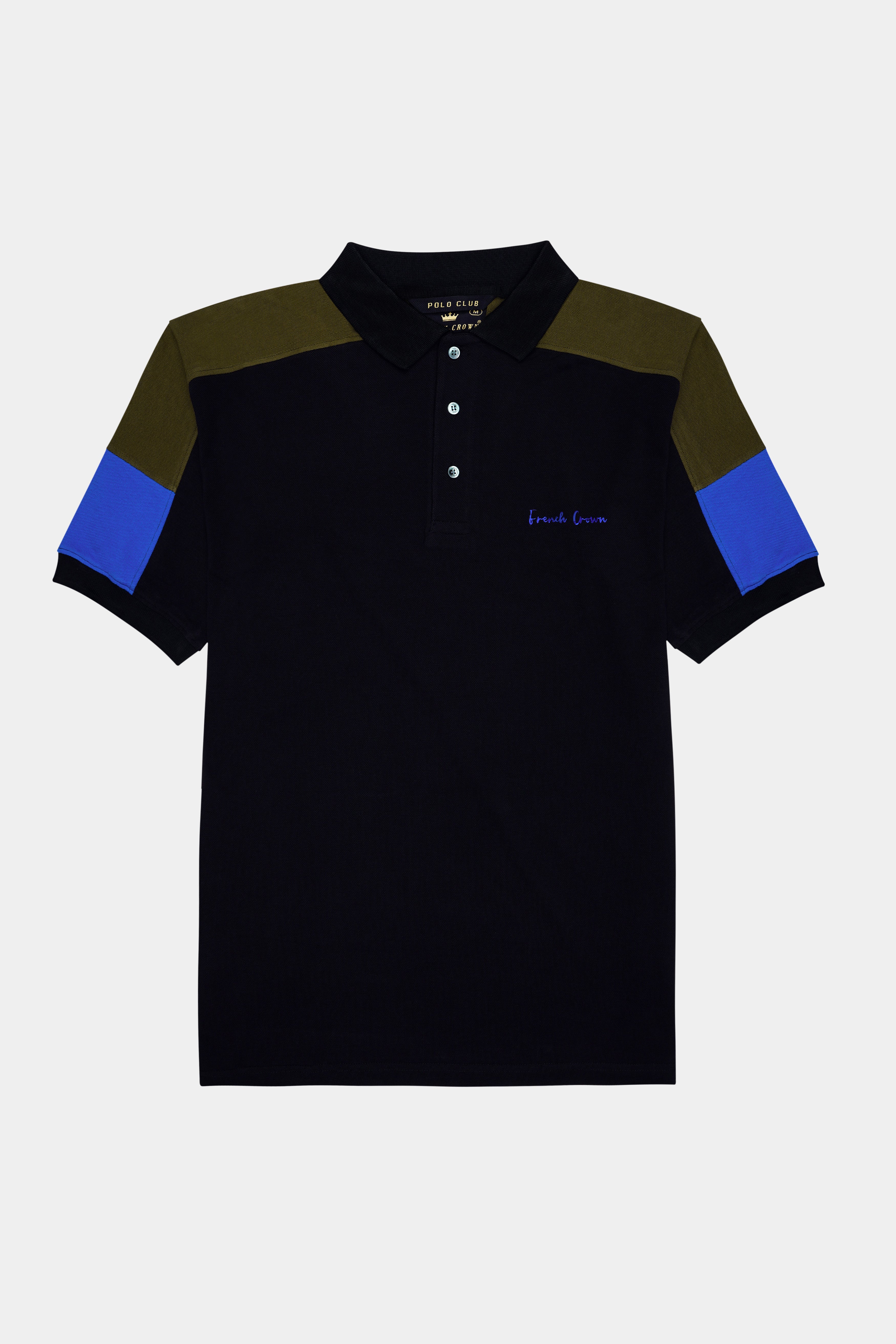 Jade Black Premium Cotton With Olive & Royal Blue Color Block Sleeves Pique Polo