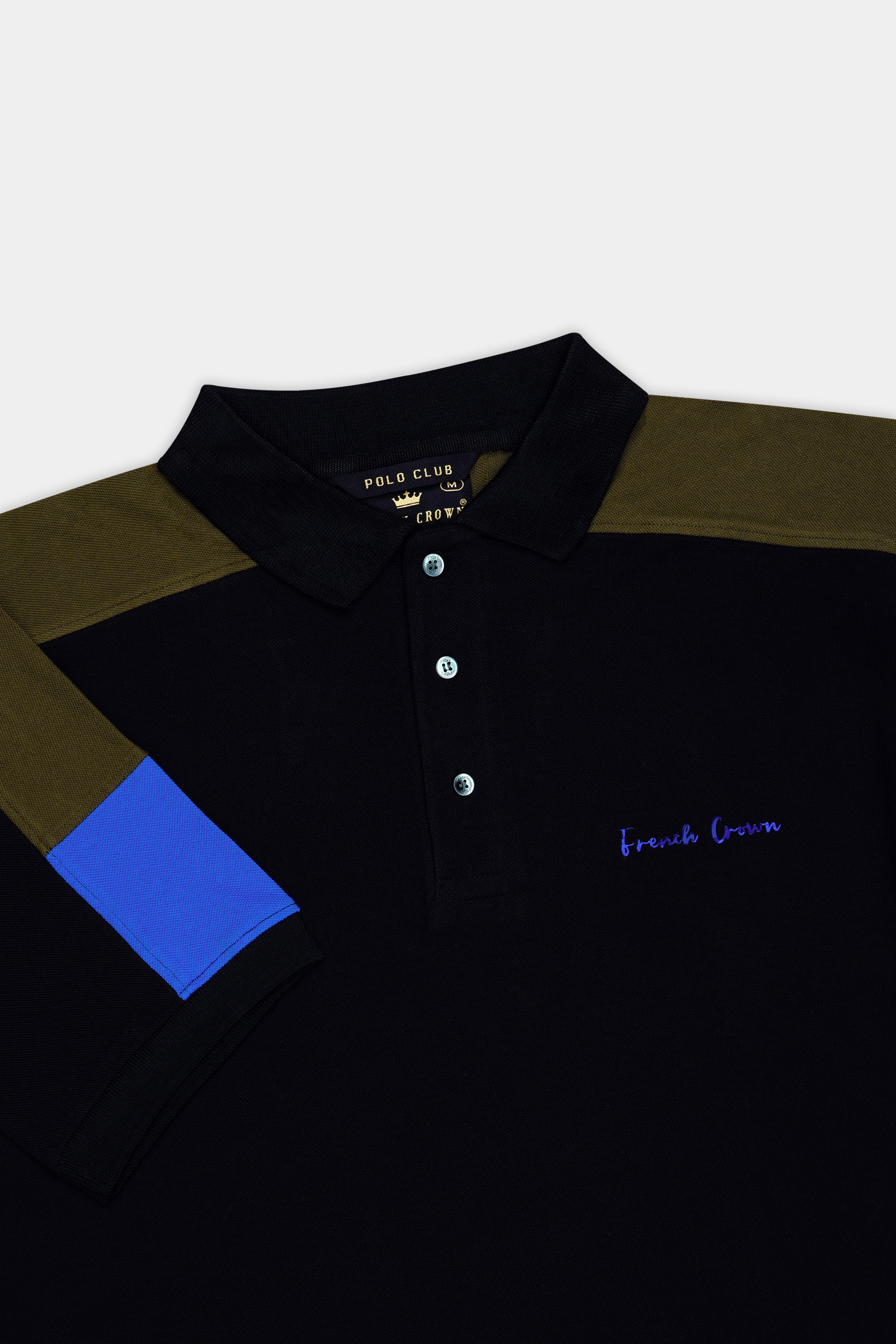 Jade Black Premium Cotton With Olive & Royal Blue Color Block Sleeves Pique Polo