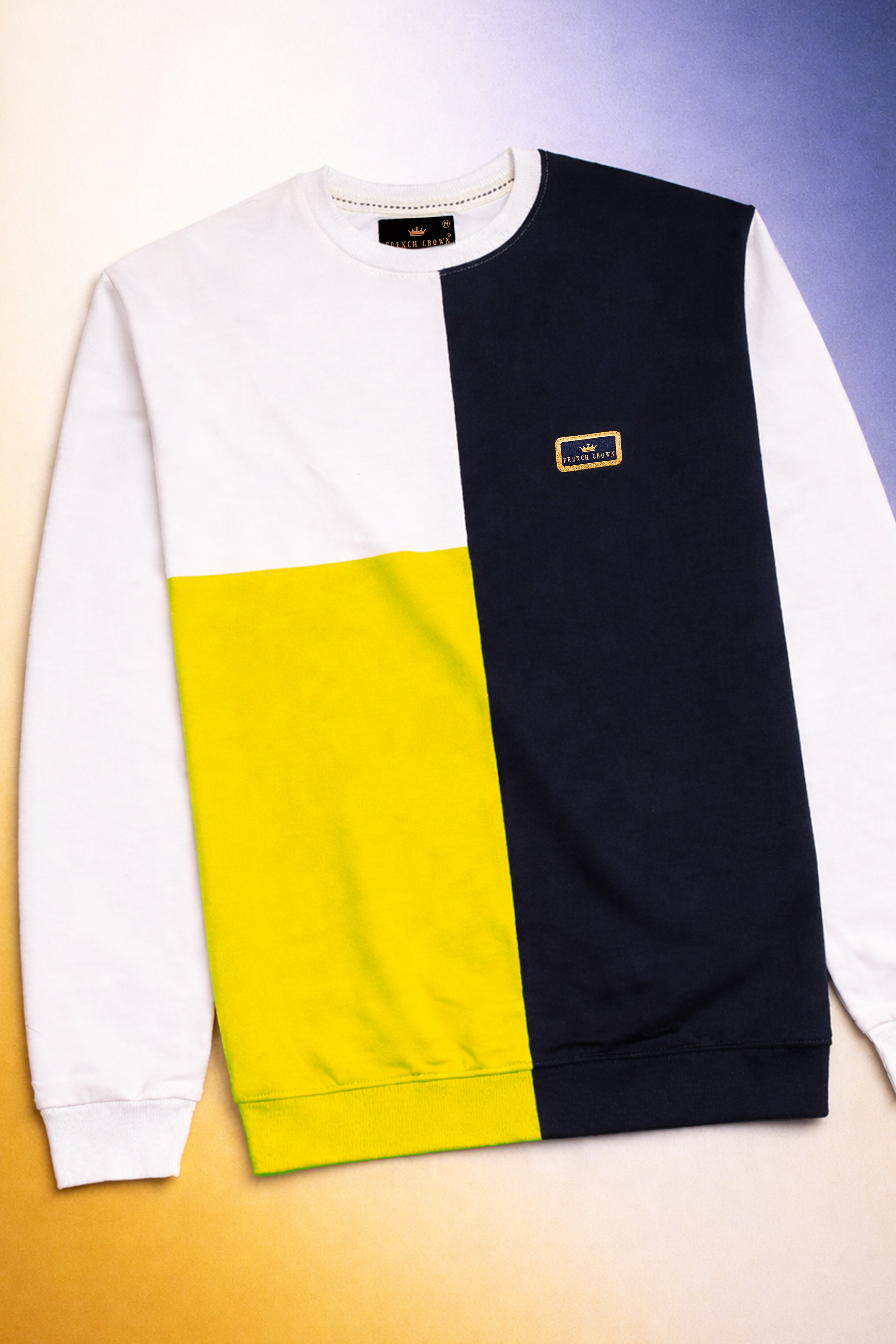 Bright White with Mirage Blue and Aureolin Yellow Colour Block Sweatshirt