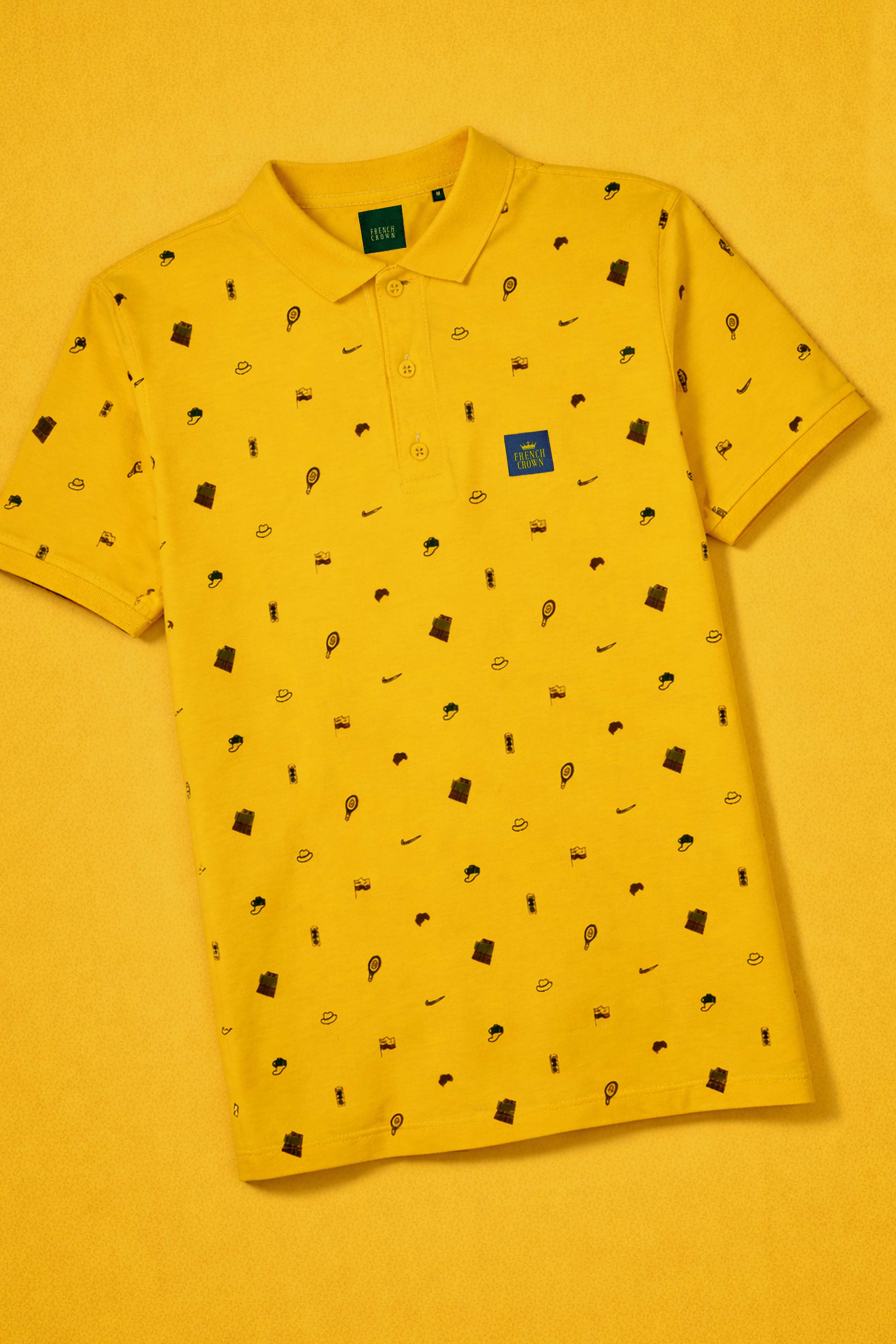 Sunglow Yellow Printed Organic Cotton Mercerised Pique Polo