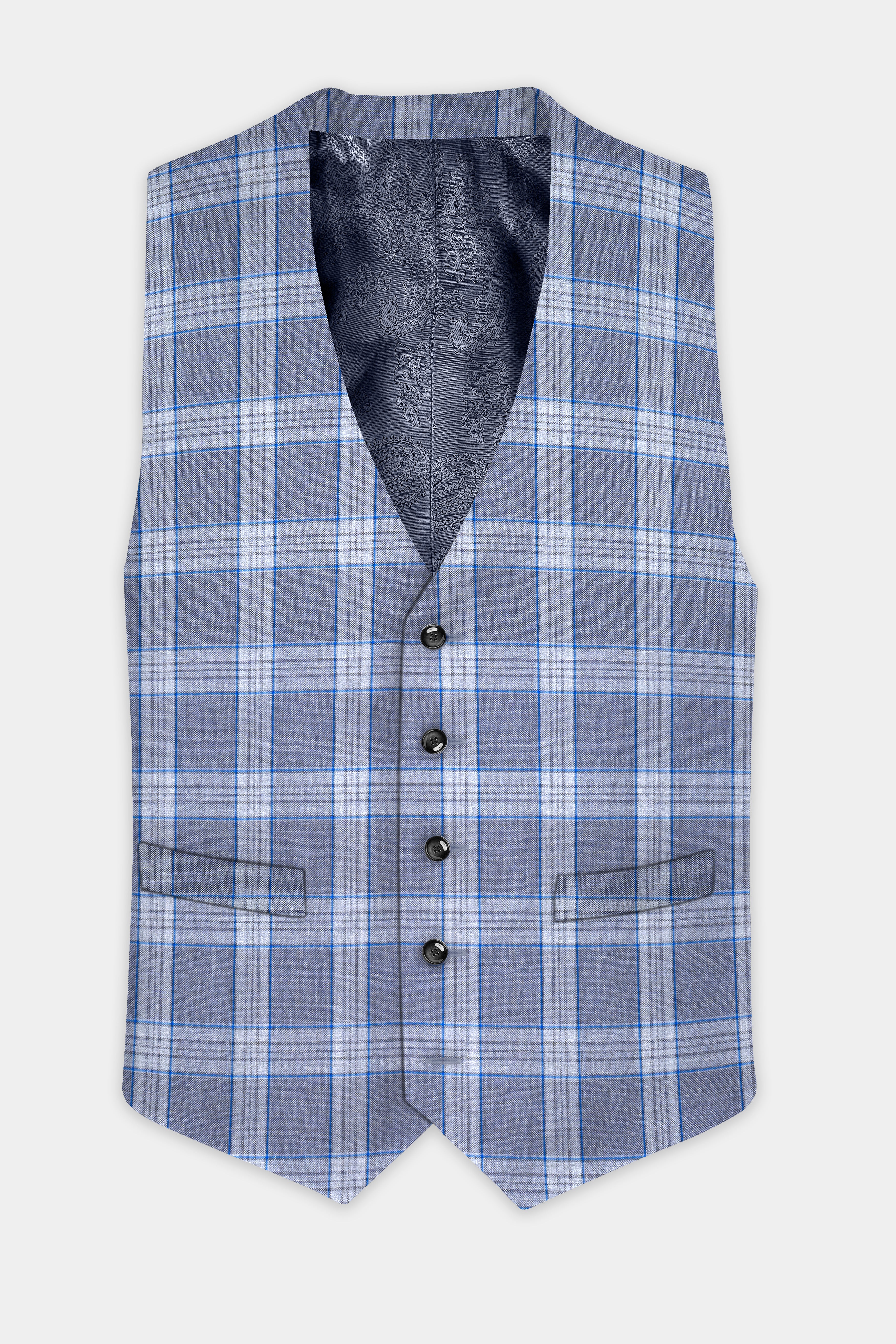 Amethyst Smoke Blue Checked Wool Blend Waistcoat