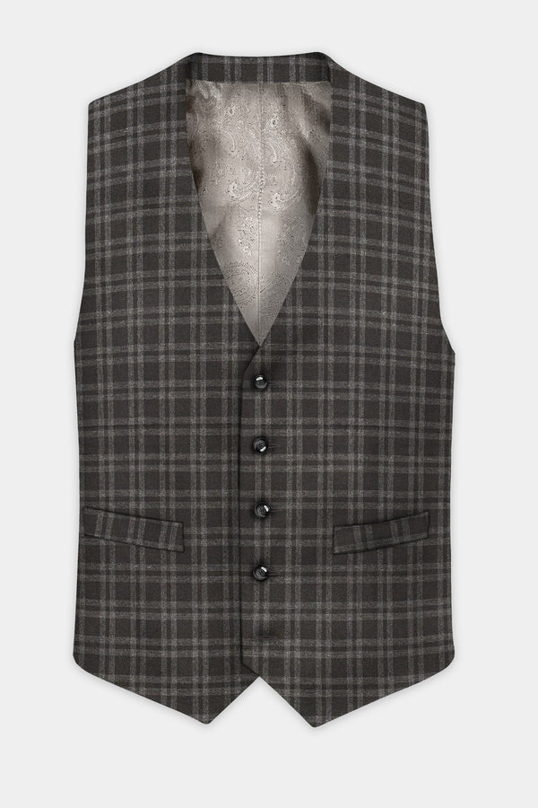 Espresso Brown Plaid Wool Blend Waistcoat