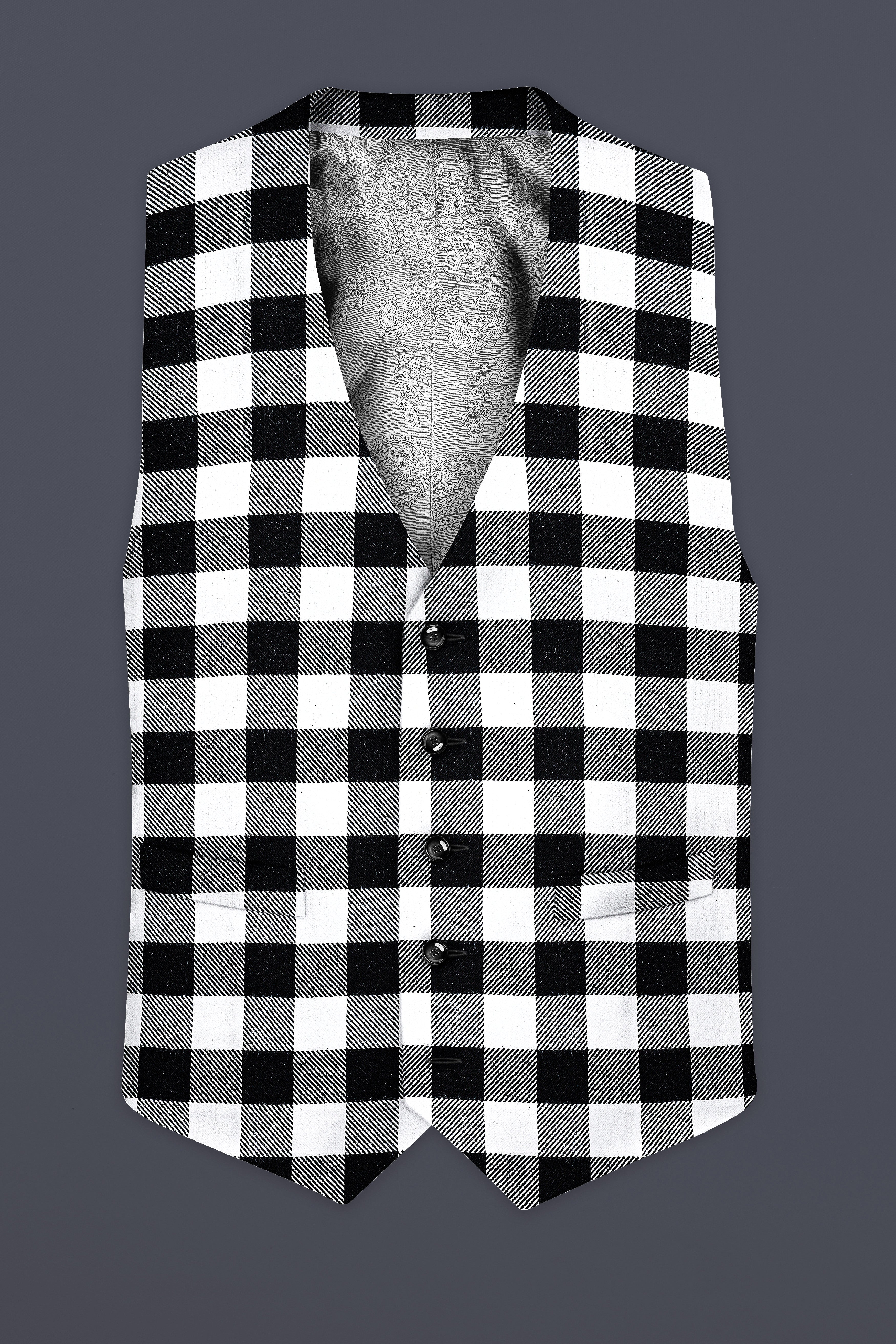 Bright White And Jade Black Checked Flannel Cotton Waistcoat