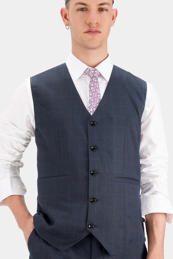 Baltic Blue Checkered Wool Rich Waistcoat
