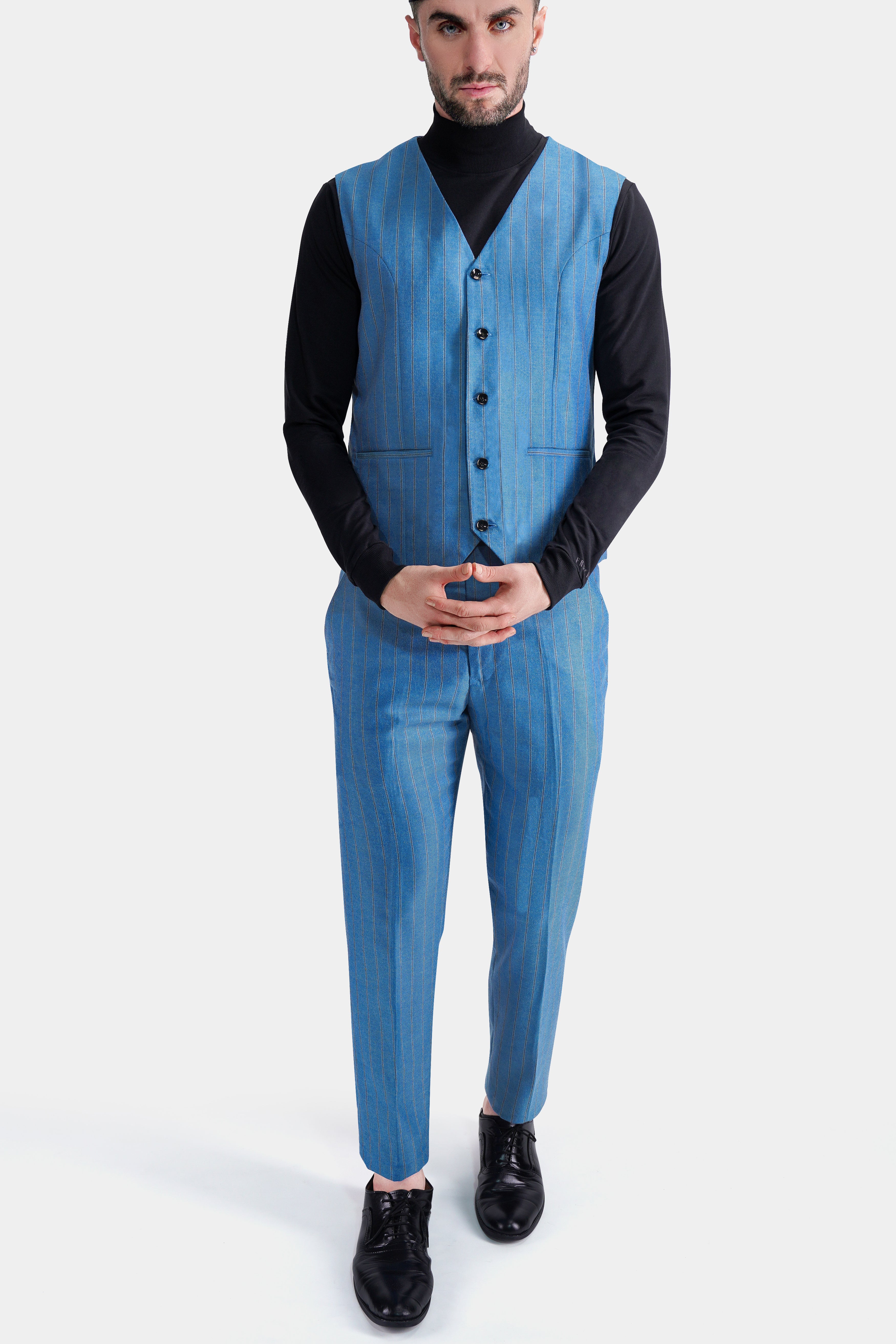 Wedgewood Blue Subtle Striped Tweed Waistcoat