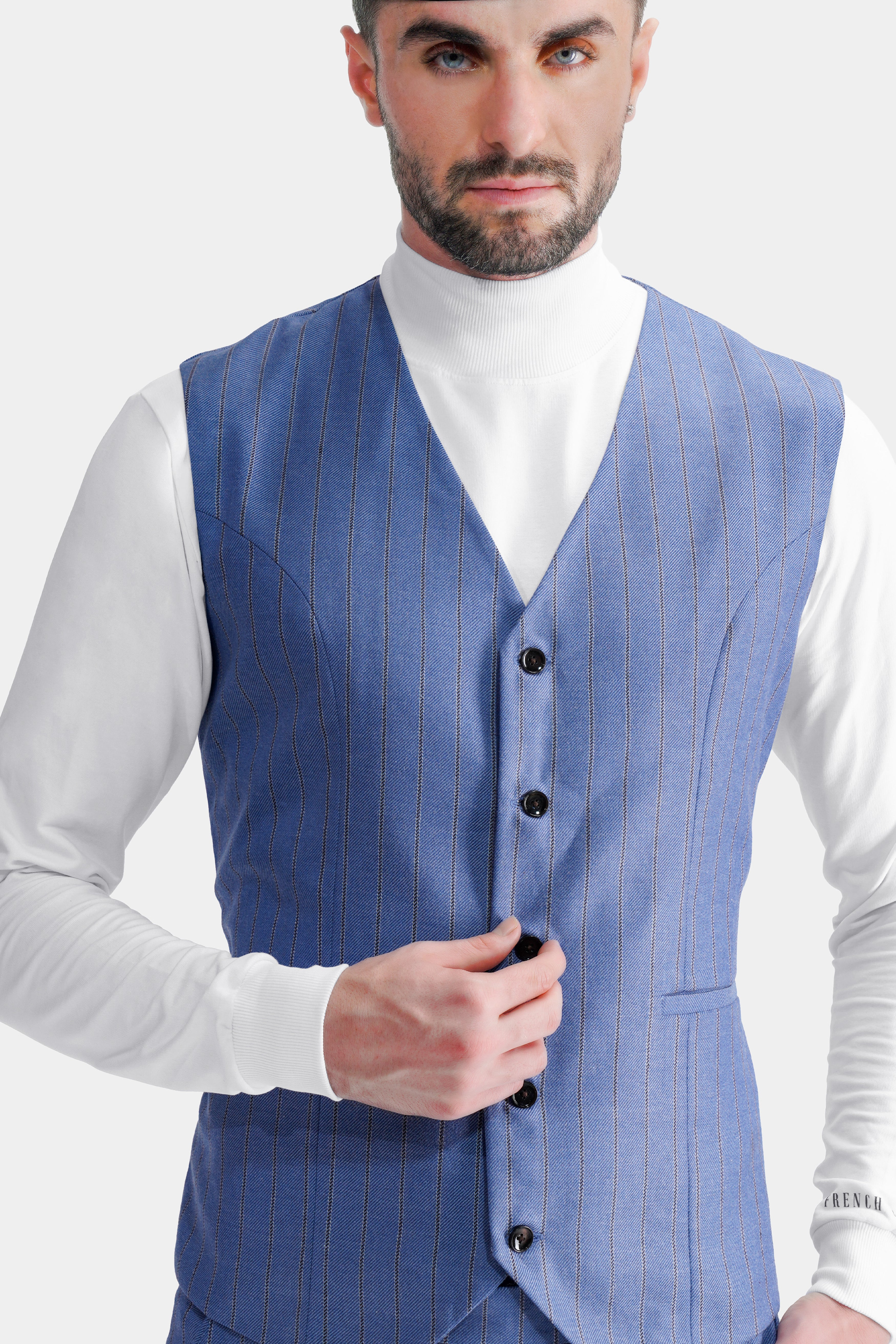 Chetwode Blue and Iroko Brown Striped Wool Rich Waistcoat V2769-36, V2769-38, V2769-40, V2769-42, V2769-44, V2769-46, V2769-48, V2769-50, V2769-52, V2769-54, V2769-56, V2769-58, V2769-60