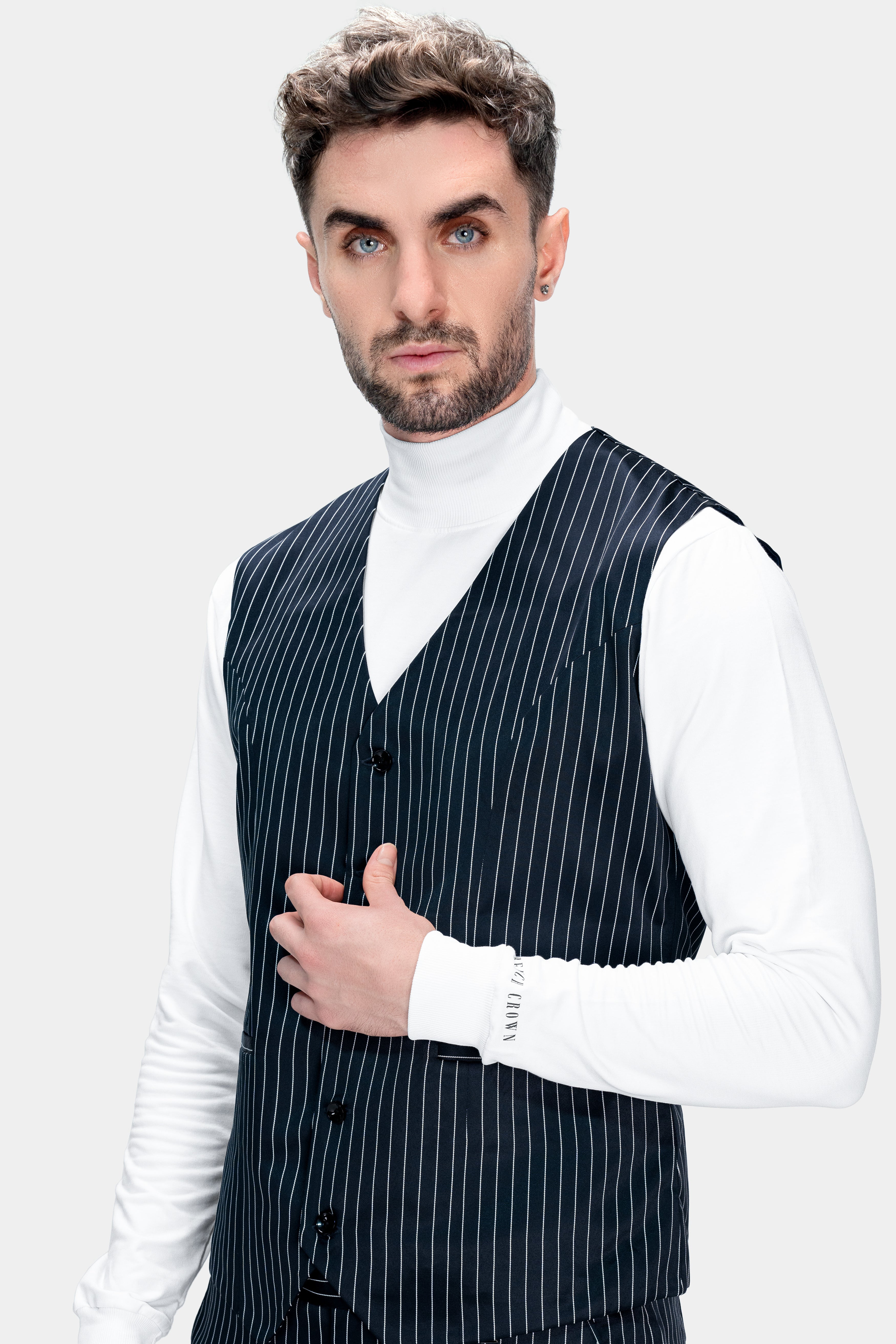 Gunmetal Blue with White Striped Wool Rich Waistcoat V2772-36, V2772-38, V2772-40, V2772-42, V2772-44, V2772-46, V2772-48, V2772-50, V2772-52, V2772-54, V2772-56, V2772-58, V2772-60