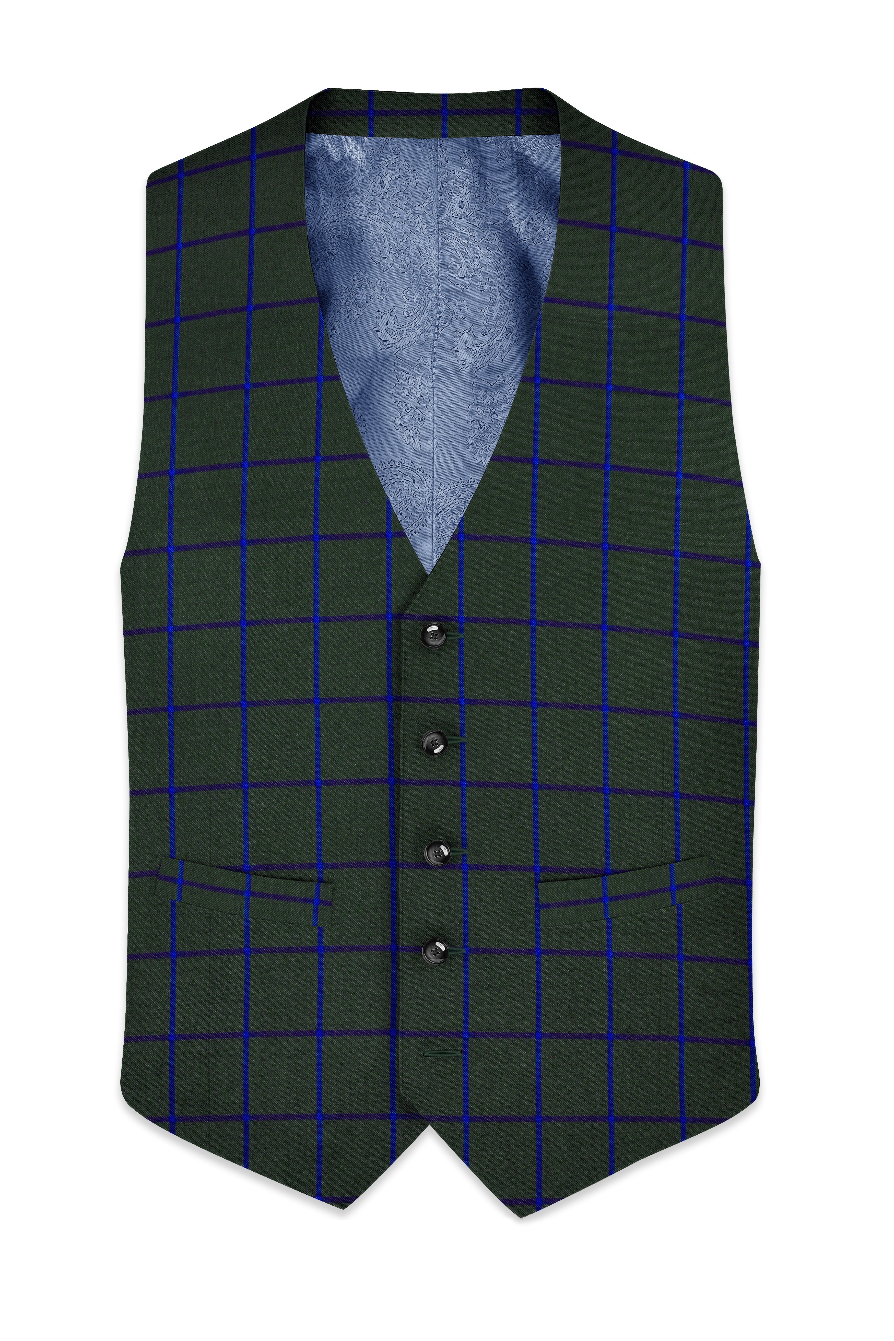 Kombu Green Checkered Wool Rich Waistcoat