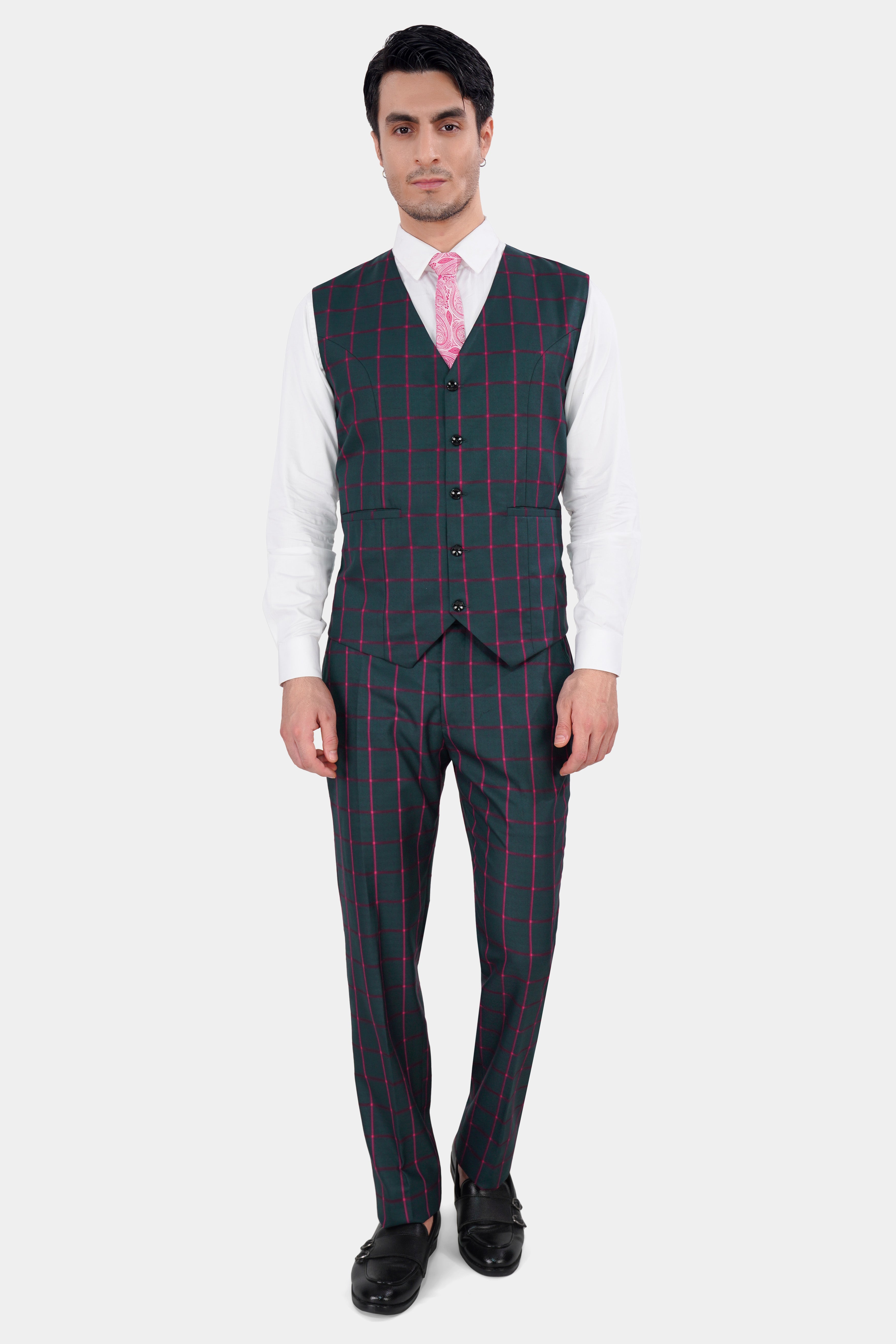 Outer Space Gray and Rouge Pink Windowpane Wool Rich Waistcoat V2843-36, V2843-38, V2843-40, V2843-42, V2843-44, V2843-46, V2843-48, V2843-50, V2843-52, V2843-54, V2843-56, V2843-58, V2843-60