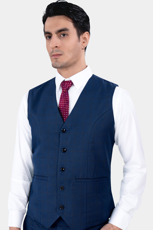 Tangaroa Blue and Subtle Black Checkered Wool Rich Waistcoat V2871-36, V2871-38, V2871-40, V2871-42, V2871-44, V2871-46, V2871-48, V2871-50, V2871-52, V2871-54, V2871-56, V2871-58, V2871-60